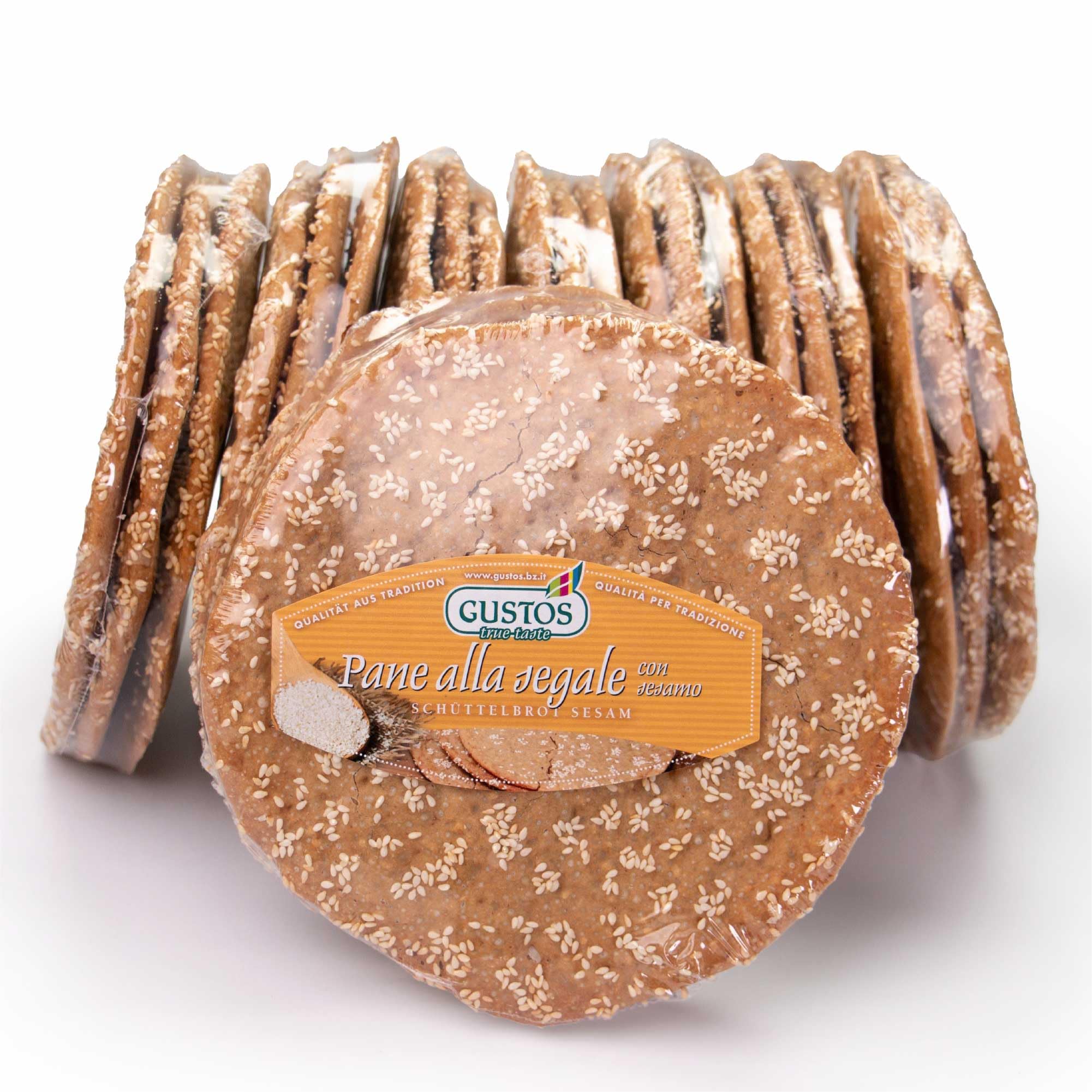 GUSTOS - 8 confezioni di Pane tradizionale dell'Alto Adige "Schüttelbrot" di segale | con Semi di Sesamo |150 g ciascuna, fatto a mano, gustoso e croccantissimo.