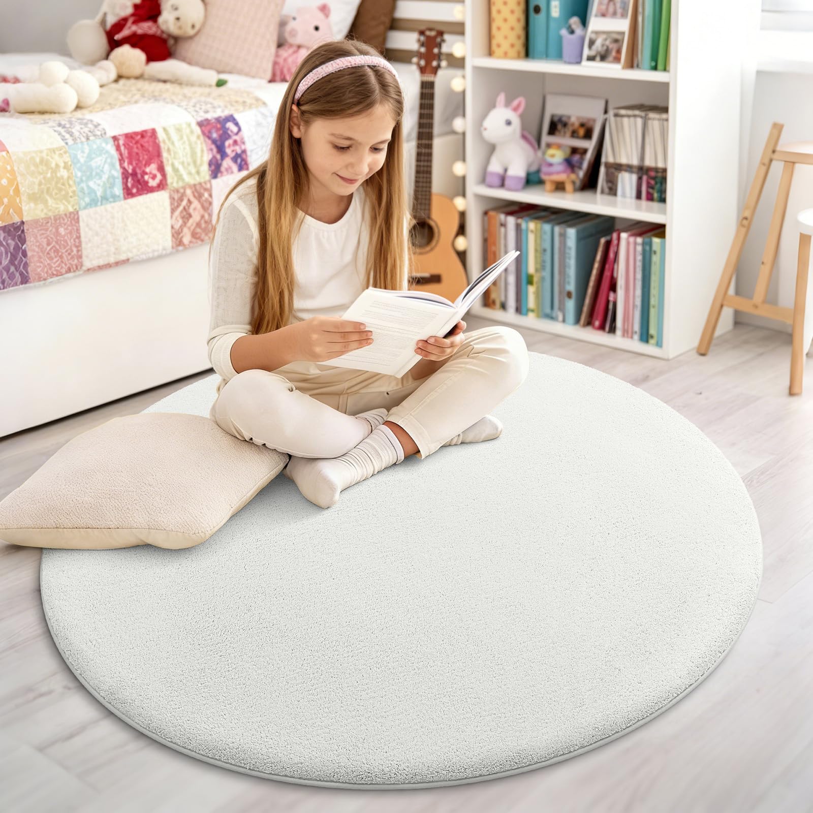 Homaxy Modern Rugs Carpet Living Room, Soft Shaggy Non-Slip Non-Shedding, Fluffy Washable Rug for Bedroom Hallway, Easy Care Home Decor, 120x120cm Round, Creme