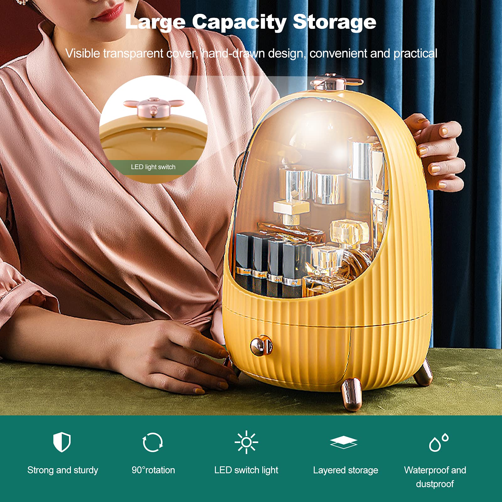 Galatée Organizer per Cosmetici Con luce LED,Organizzatore di Trucco Grande Capacità,Organizer Trucchi Multifunzione Girevole,Gioielli e Accessori ideale per bagno e camera da letto - M -giallo