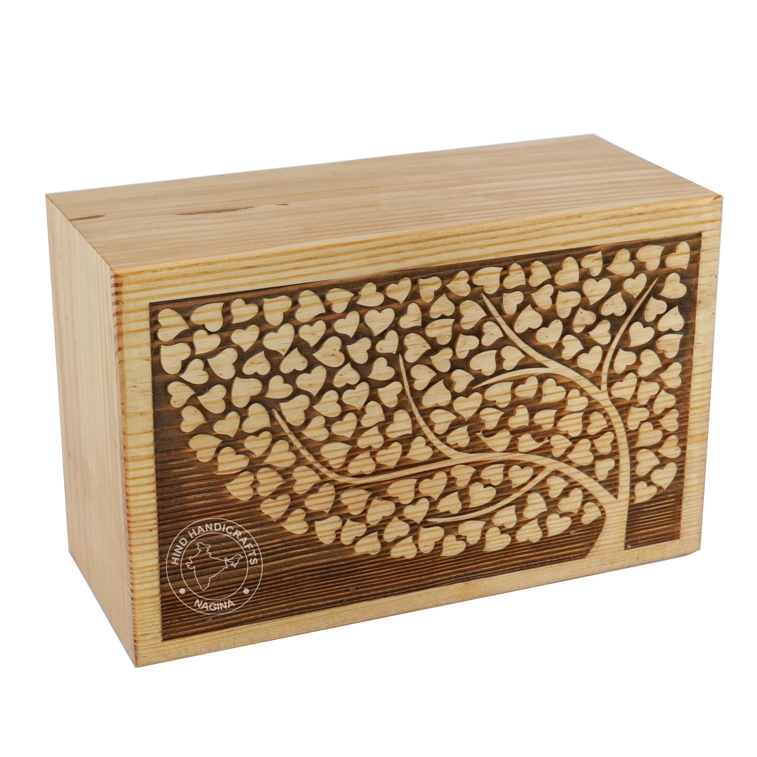 Hind Handicrafts Wooden Box Funeral Cremation Urns for Human Ashes Adult Large - Burial Urns for Columbarium - Tree of Life Flying Bird (Tree Life Heart, 250 Cubic Inches) — image 1