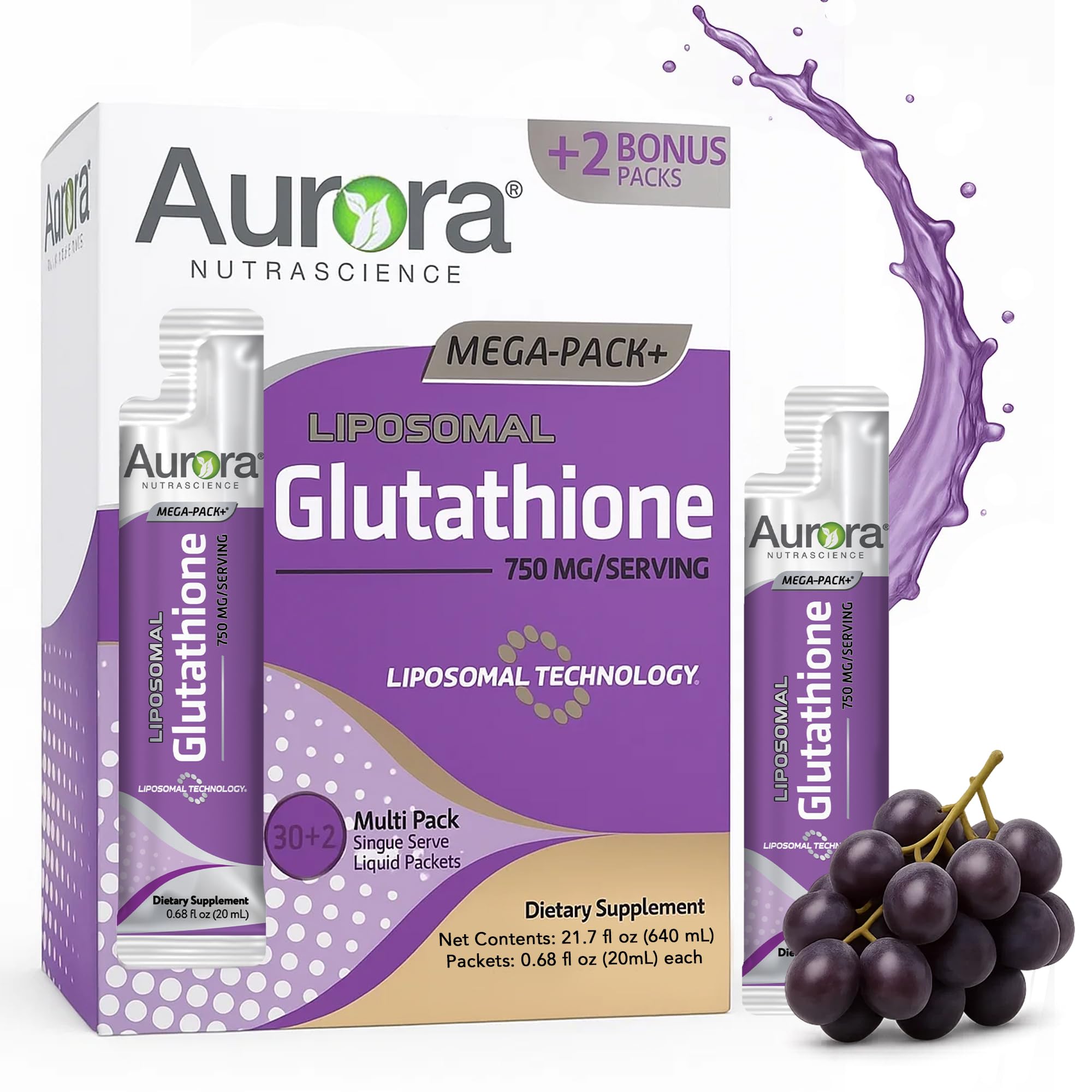 Aurora Nutrascience Mega-Liposomal Liquid Glutathione, Immune & Antioxidant Gut Health Support Supplement, 750 mg per Serving, Non-GMO, Sugar-Free, 32 Single Serve Packets