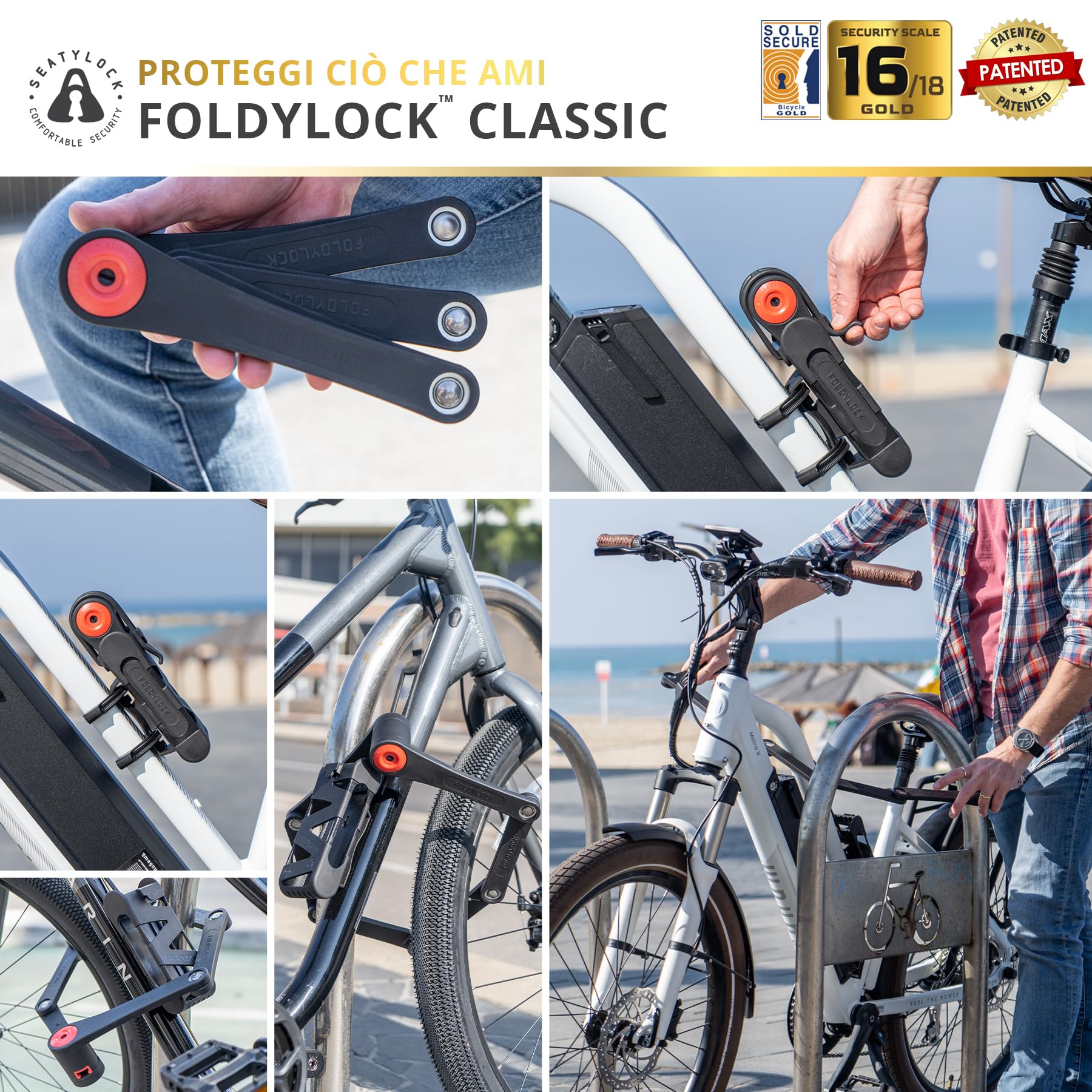 Seatylock FoldyLock Classic - Lucchetto pieghevole per bicicletta, brevettato, elegante, ad alta sicurezza, resistente, antifurto, con chiavi per e-bike e bici da città, 100 cm