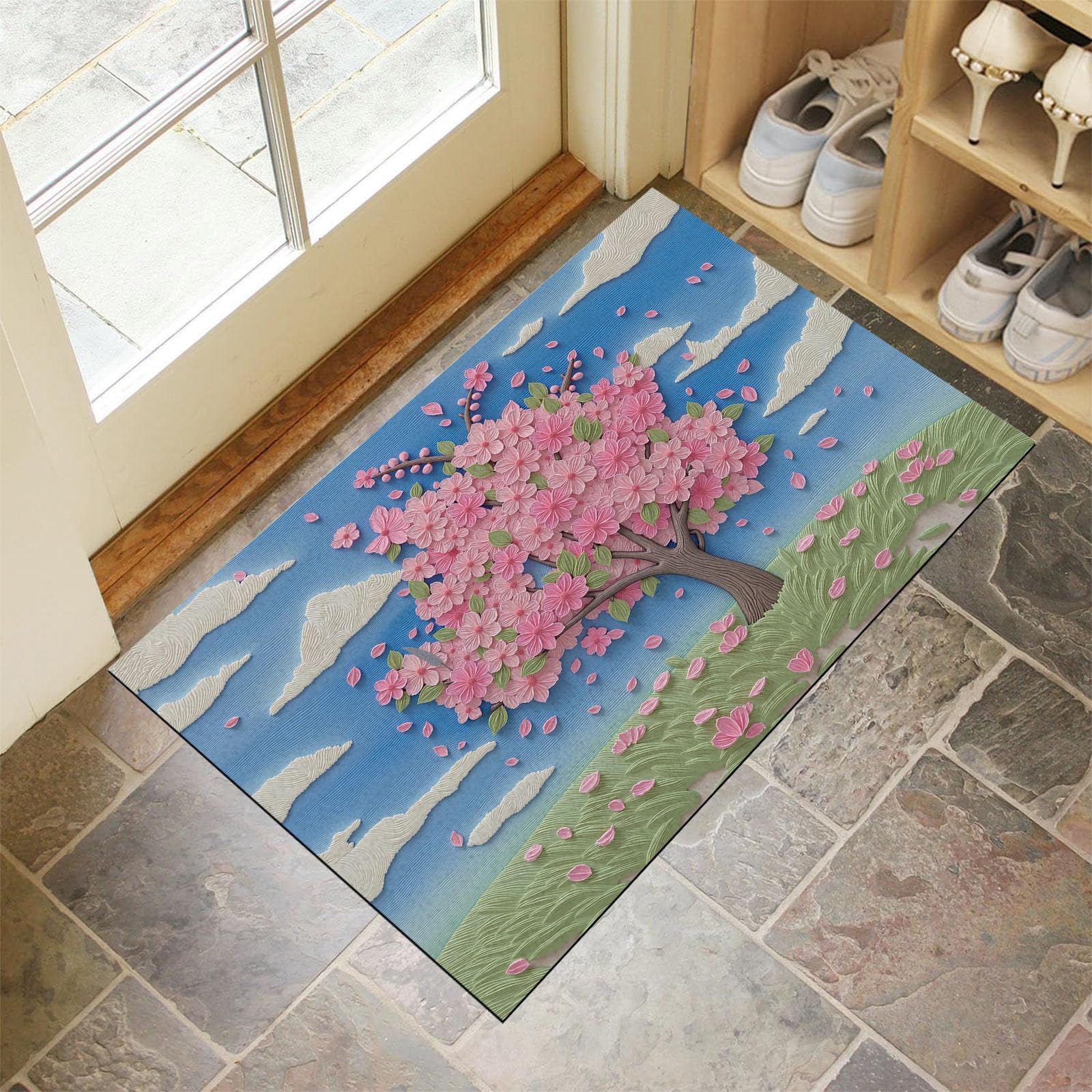 Paillasson intérieur fleurs de cerisier - Tapis d'entrée antidérapant lavable