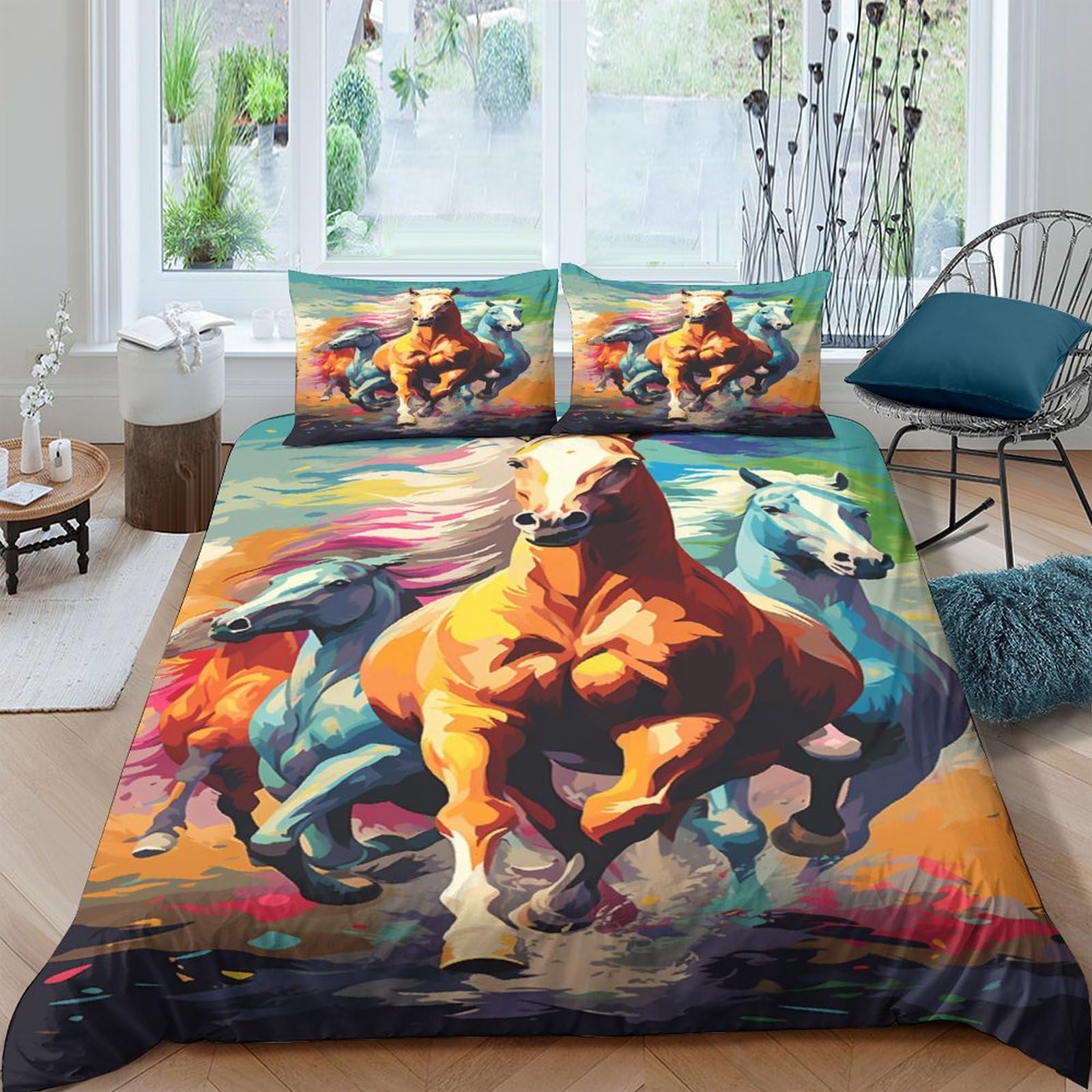 Housse de couette cheval blanc imprimé 3D parure de lit king adulte enfant microfibre 220x240