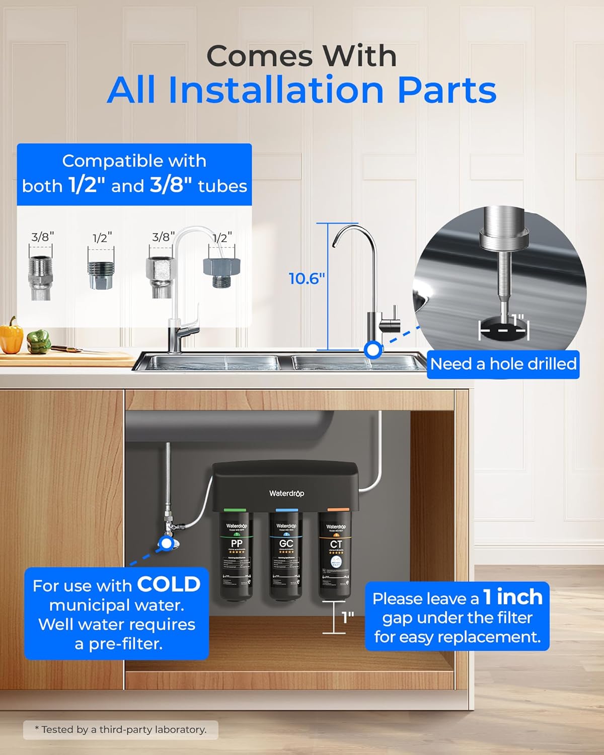 Waterdrop TSB 8 Layer Under Sink Water Filter, Reduces PFAS, PFOA/PFOS, Fluoride, Chlorine, Bad Taste & Odor, with Dedicated Faucet, NSF/ANSI 42 Certified Element, Under Sink Water Filtration System