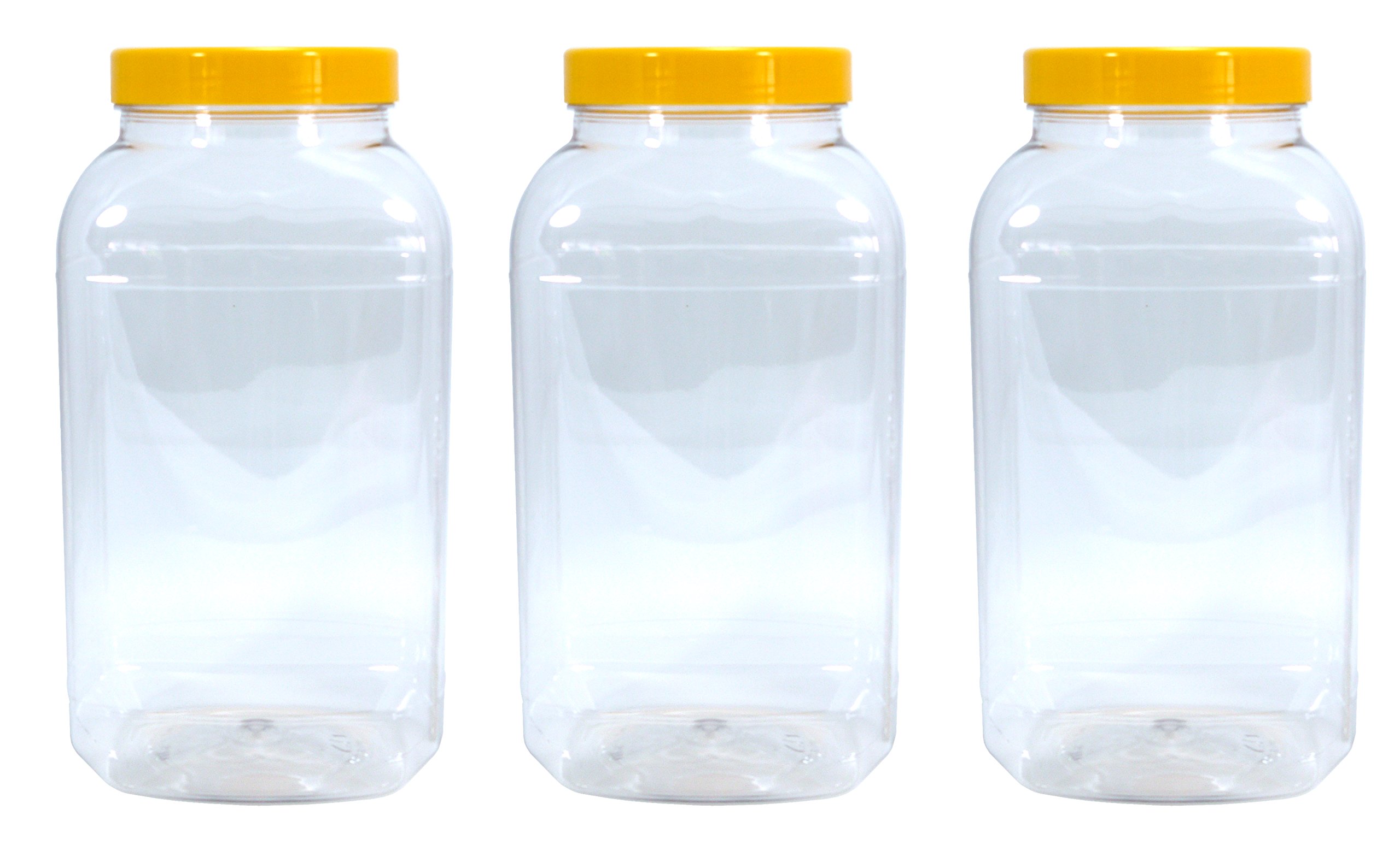 3 Large Storage Jars 4430ml with Yellow Screw top lids by Britten & James. Crystal Clear Food Grade Plastic - Safe, hygienic and Attractive.