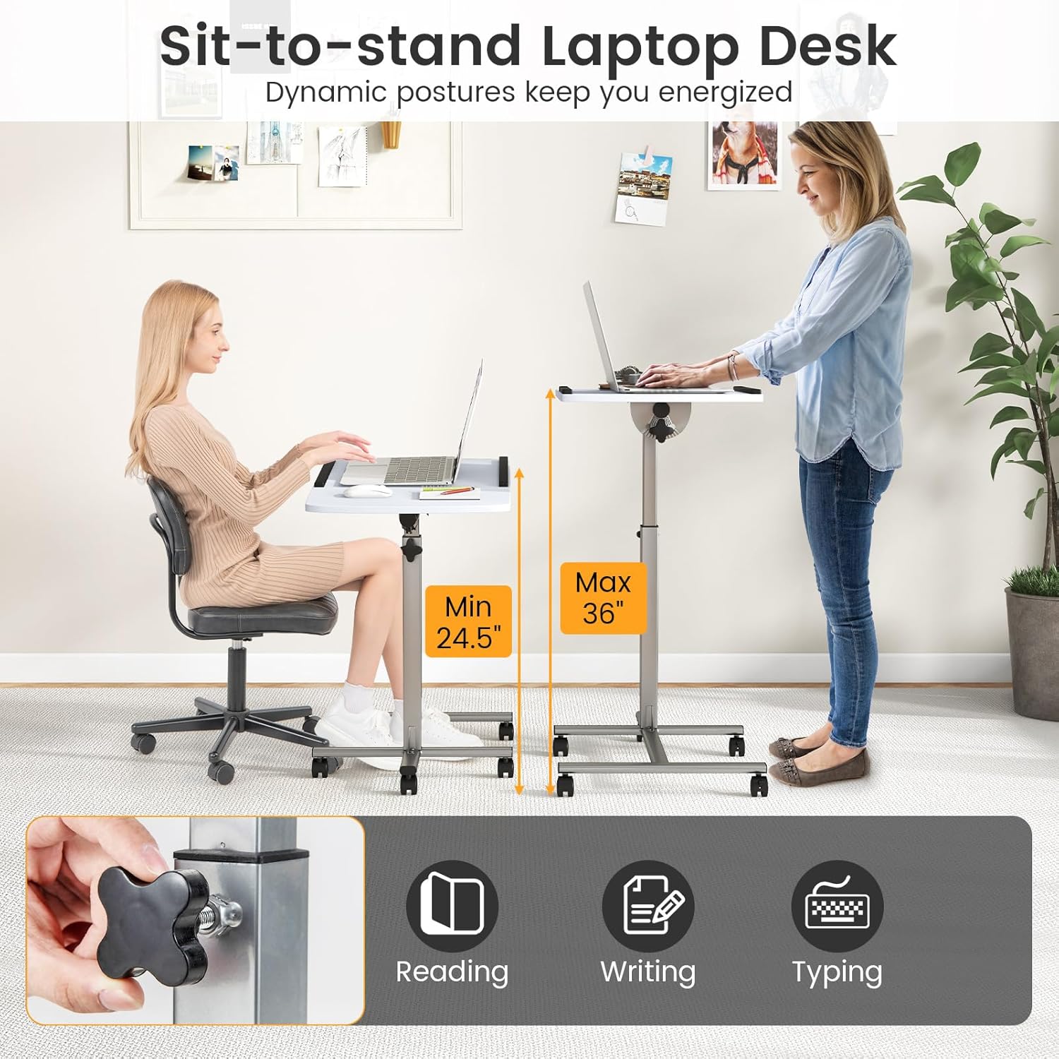 MEDIMALL Mobile Standing Desk, Height Adjustable Rolling Laptop Desk w/ 45° Tilting Tabletop, Sit-to-Stand Computer Workstation w/Lockable Wheels, Portable Podium Stand for Home Office (White)