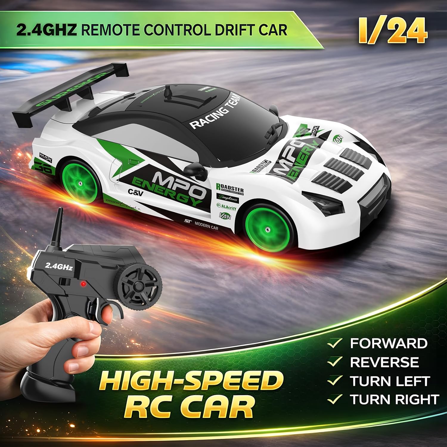 RC Drift Car Remote Control Car 2.4GHz 1:24 Scale 4WD 15KM/H High Speed Model Vehicle LED Lights Drifting Tire Racing Sport Toy for Adult Boys Girls Kids Gift 2Pcs Rechargeable Batterie