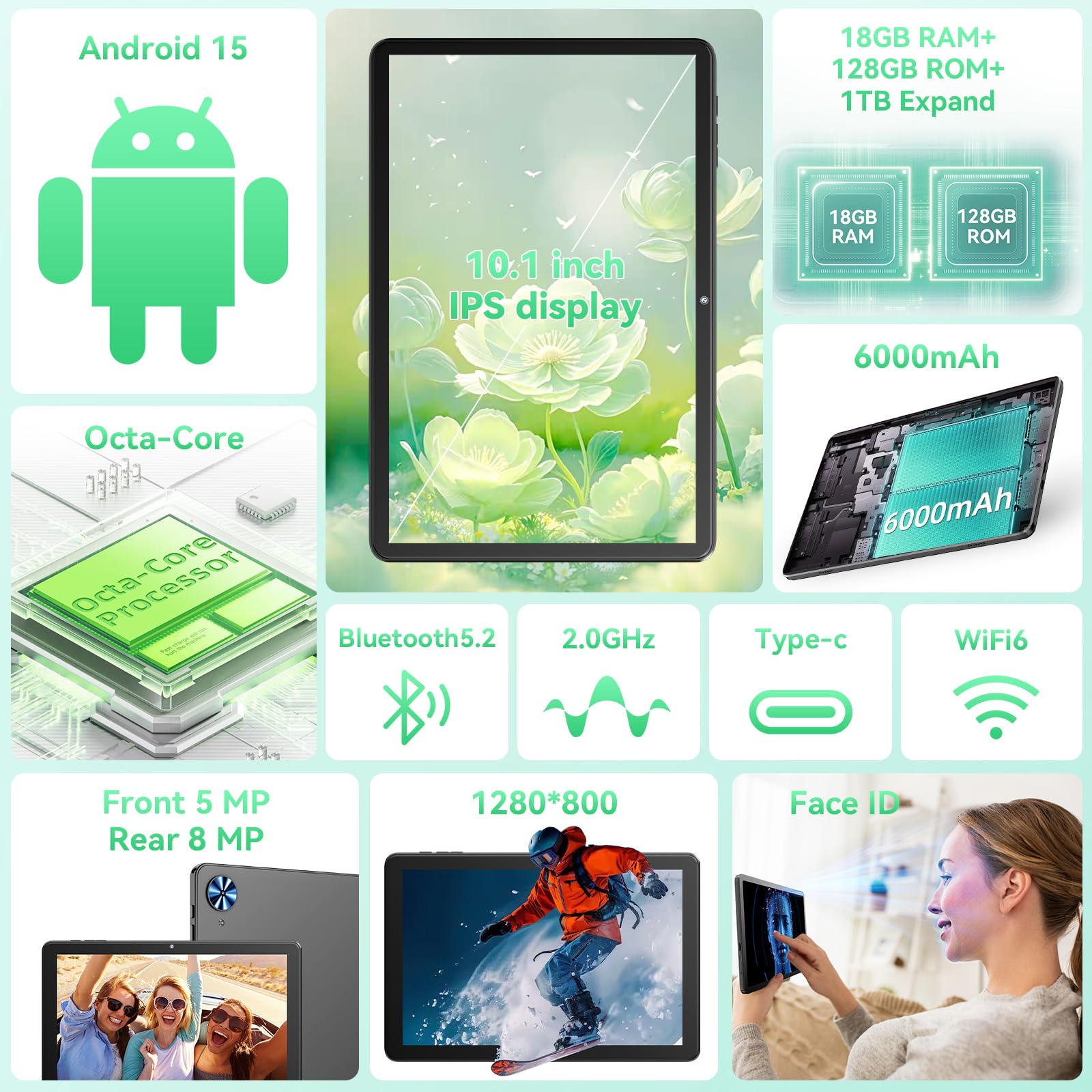 Tablet 10.1 Zoll mit Hülle, Android 15 Tablets, 18GB RAM+128GB ROM