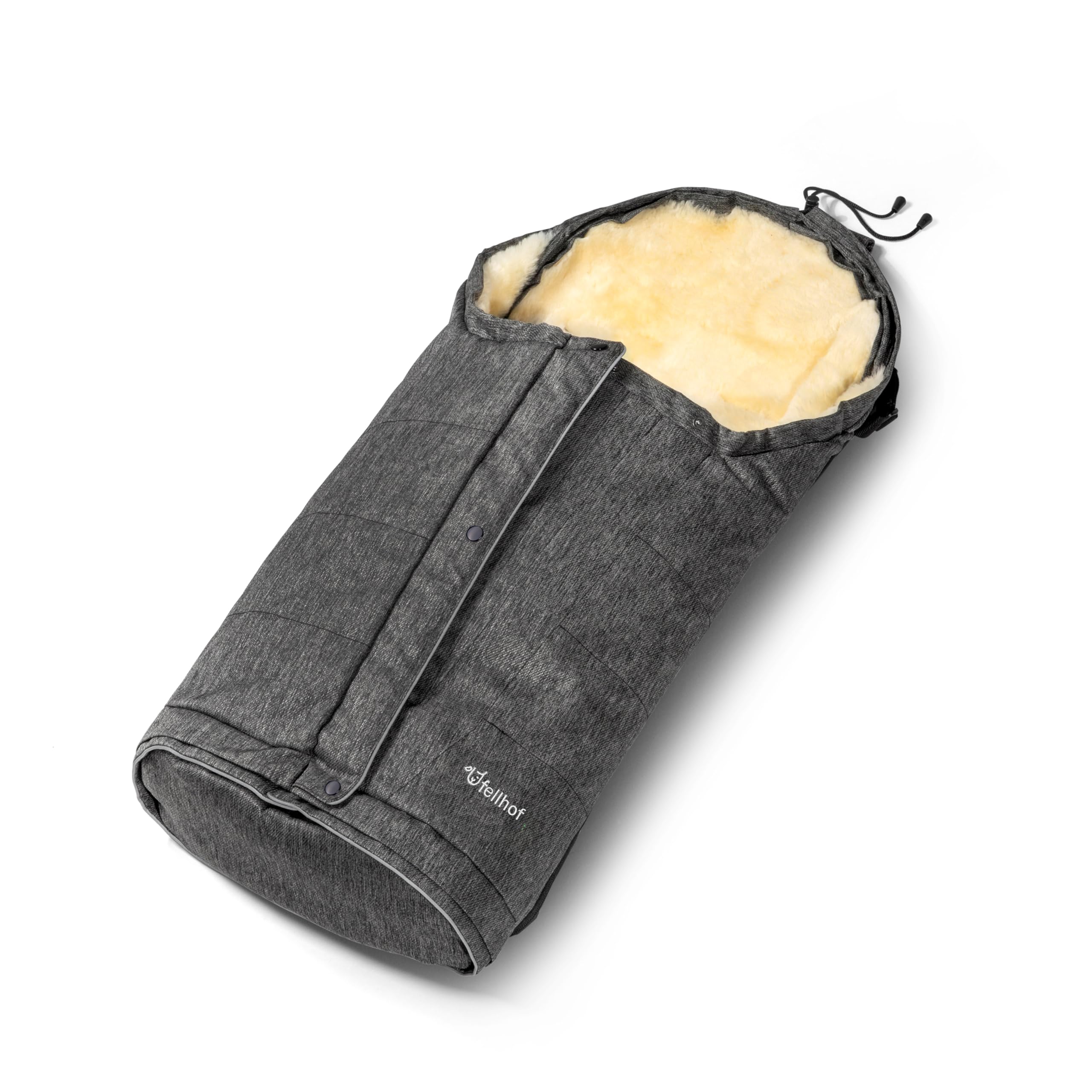 Fellhof HOCHSÖLDEN Kinderwagenfellsack graphit-melange | 40/45 x 86/106 cm | Merino Lammfell | größenverstellbar | wind- und wasserabweisend mit Magnetverschlus