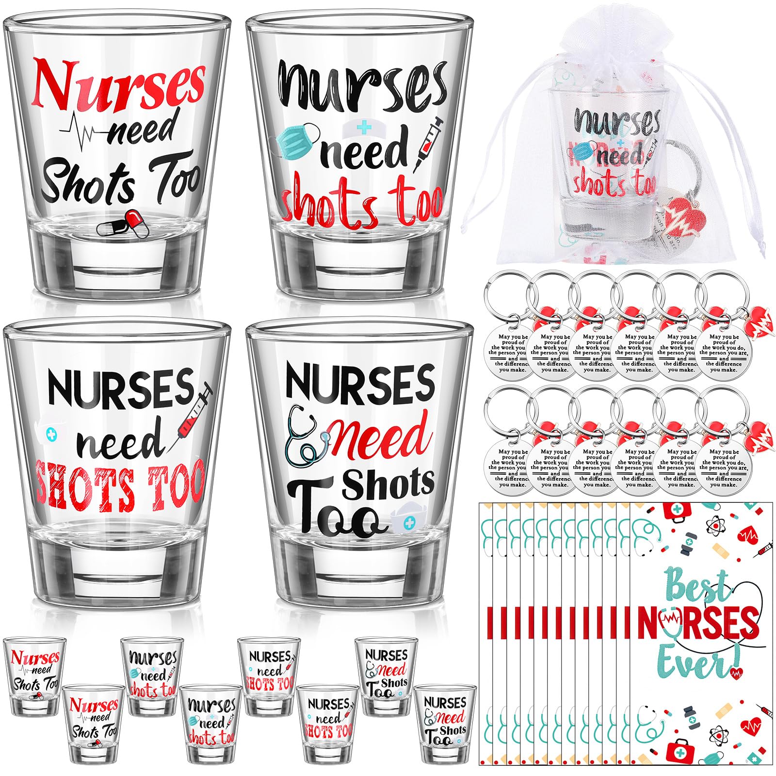 FoldTier 48 Pieces Nurse Gifts Include 12 Shot Glasses 1.8 Oz 12 Keychains 12 Gift Bags 12 Cards Nurse Appreciation Gifts for Nursing Students