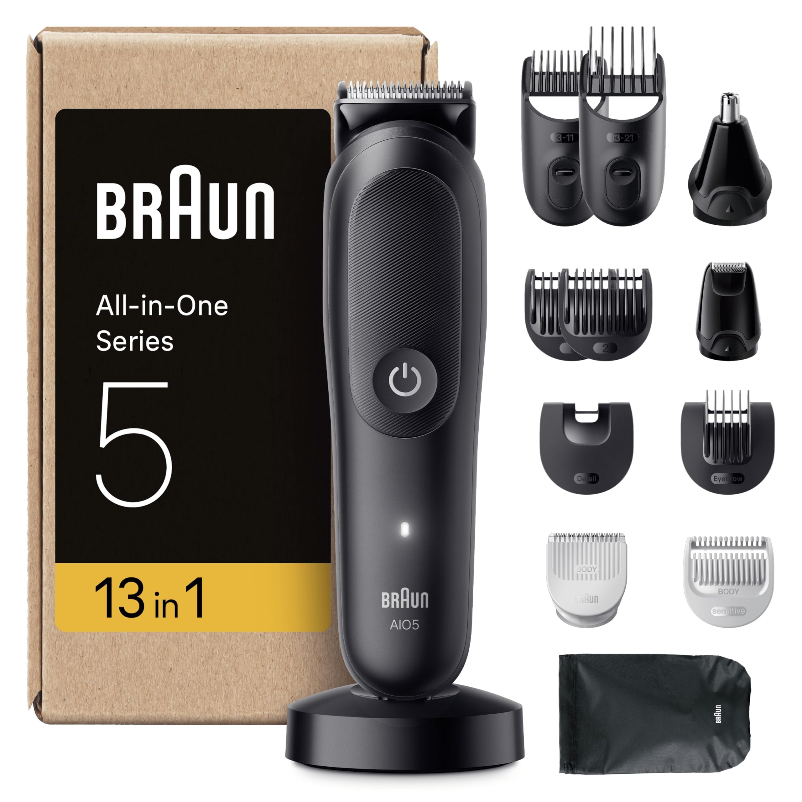 Braun All-in-One Series 5 Grooming Kit, 13in1, Ultra Sharp Blade, 120 Min, SkinGuard for Body, Precise & Efficient Trim, AquaGrip for Under Water Use, AIO5565, Black