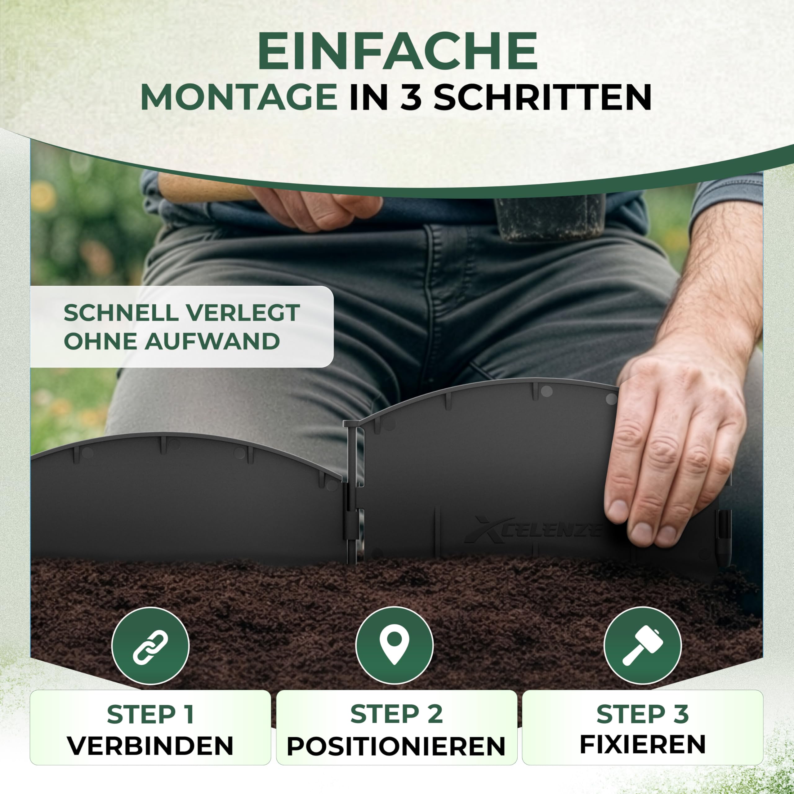 Xcelenze - 20 Meter Flexible Rasenkante Kunststoff Mähkante Beetbegrenzung | zum einschlagen | UV & witterungsbeständig | Beeteinfassung Kunststoff Rasenkantenband – einfaches Verlegen
