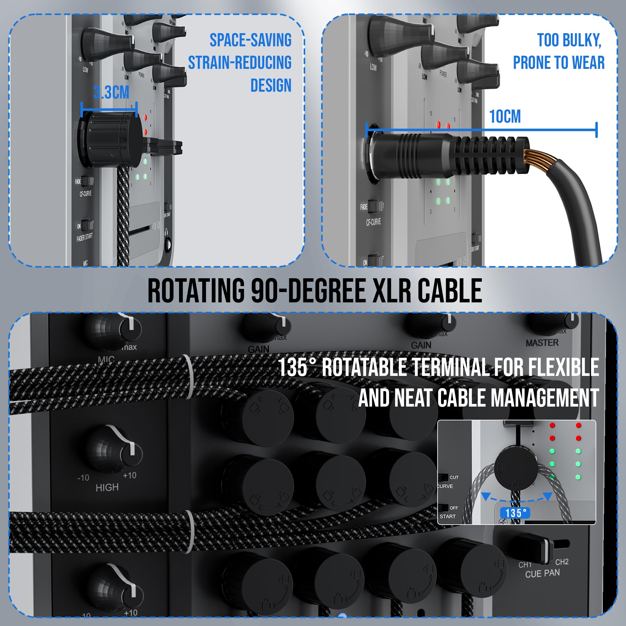 HiFind Cavo per microfono XLR ultra sottile ad angolo di 90 gradi, confezione da 2 pezzi, regolabile, ruotabile, a basso profilo, da maschio a femmina, 24 AWG OFC, per mixer da studio audio fai da te