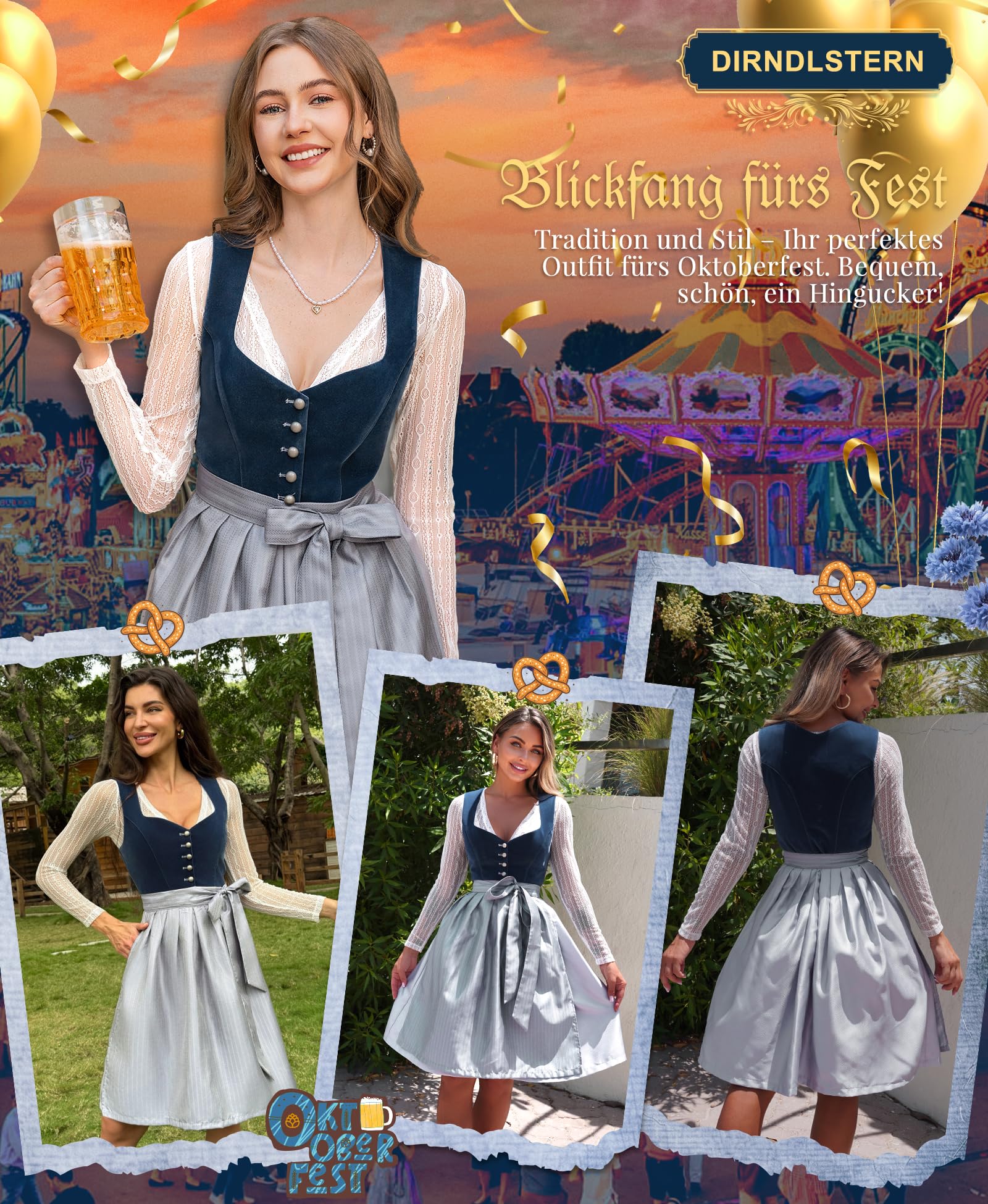 DIRNDLSTERN Dirndl Kobiety Midi Niebieski - Sukienka Aksamitna Tradycyjny Strój z Fartuch Strój na Oktoberfest