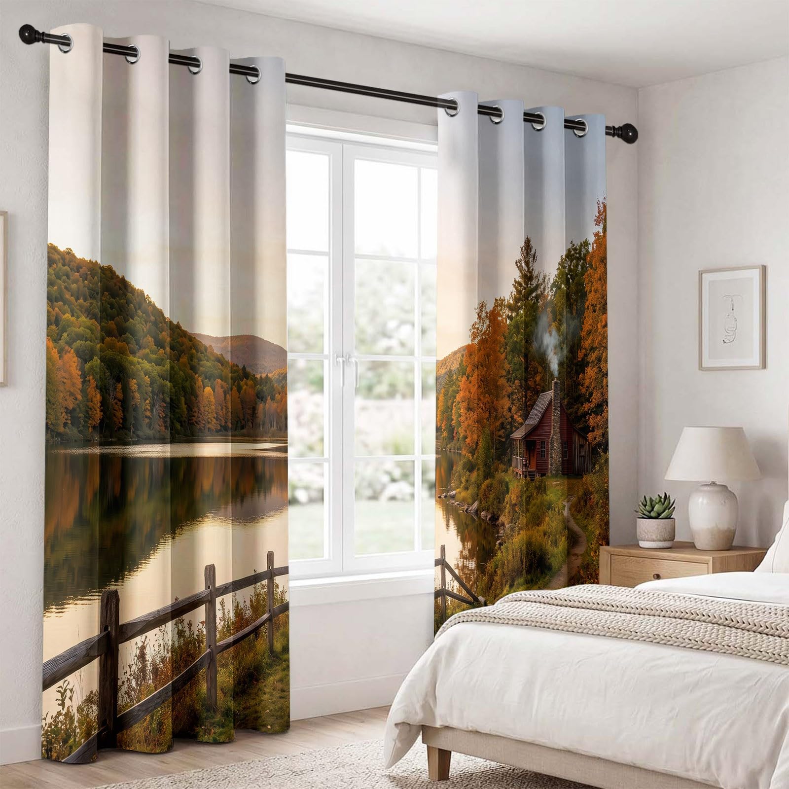 Rideaux Occultants Plante 75L X 166H cm (2 Panneaux), Isolation Thermique Fixation par Oeillets Coucher De Soleil d'automne Rustique & Cabane pour Salle De Séjour, Marron