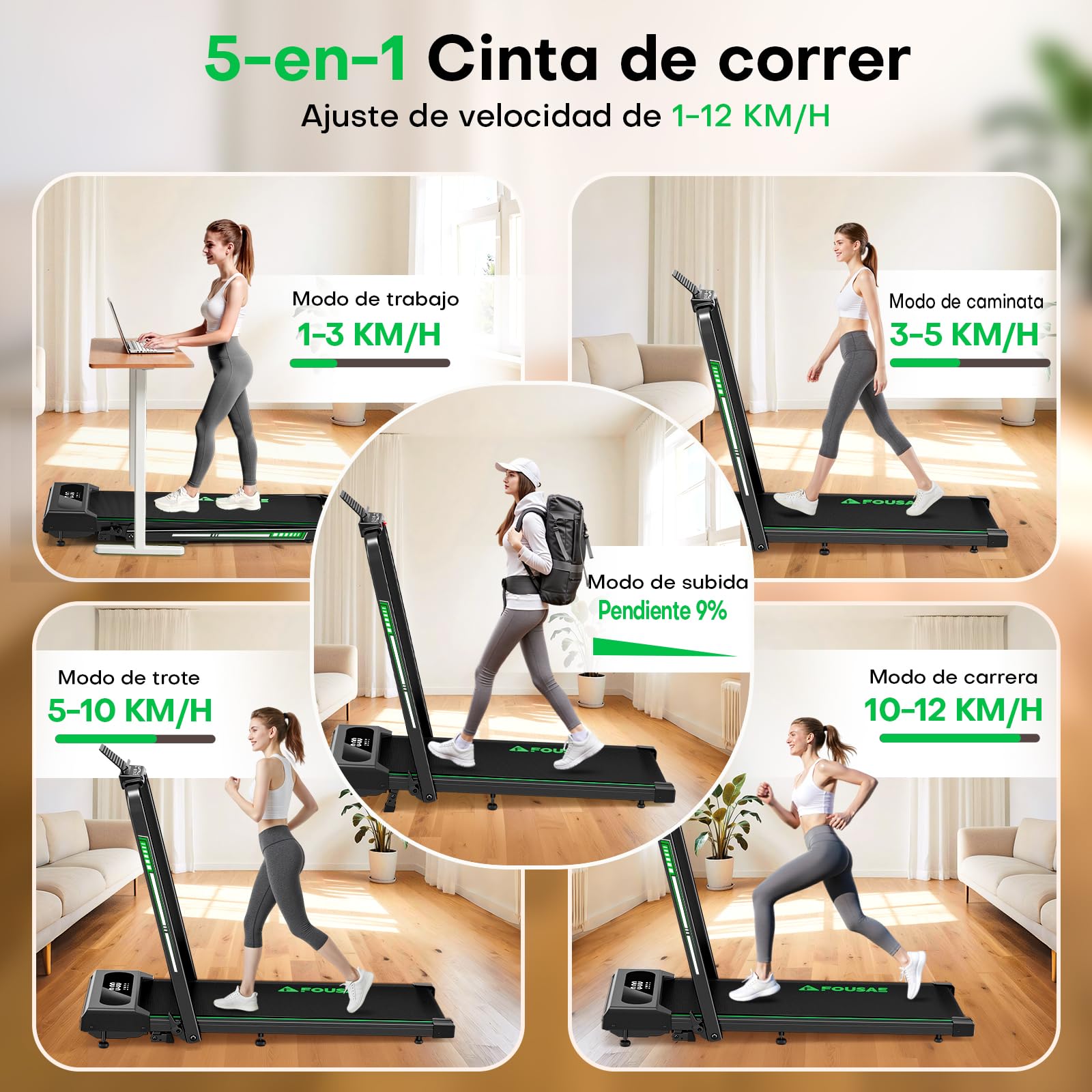 5 en 1 Cinta de Correr Plegable, 12KM/H Cinta de Correr con Inclinación 9%, 2.75 HP Cinta de Andar para Casa con Control Remoto y Pantalla LED, Apps y 12 Programas HIIT, Soporte 150 KG