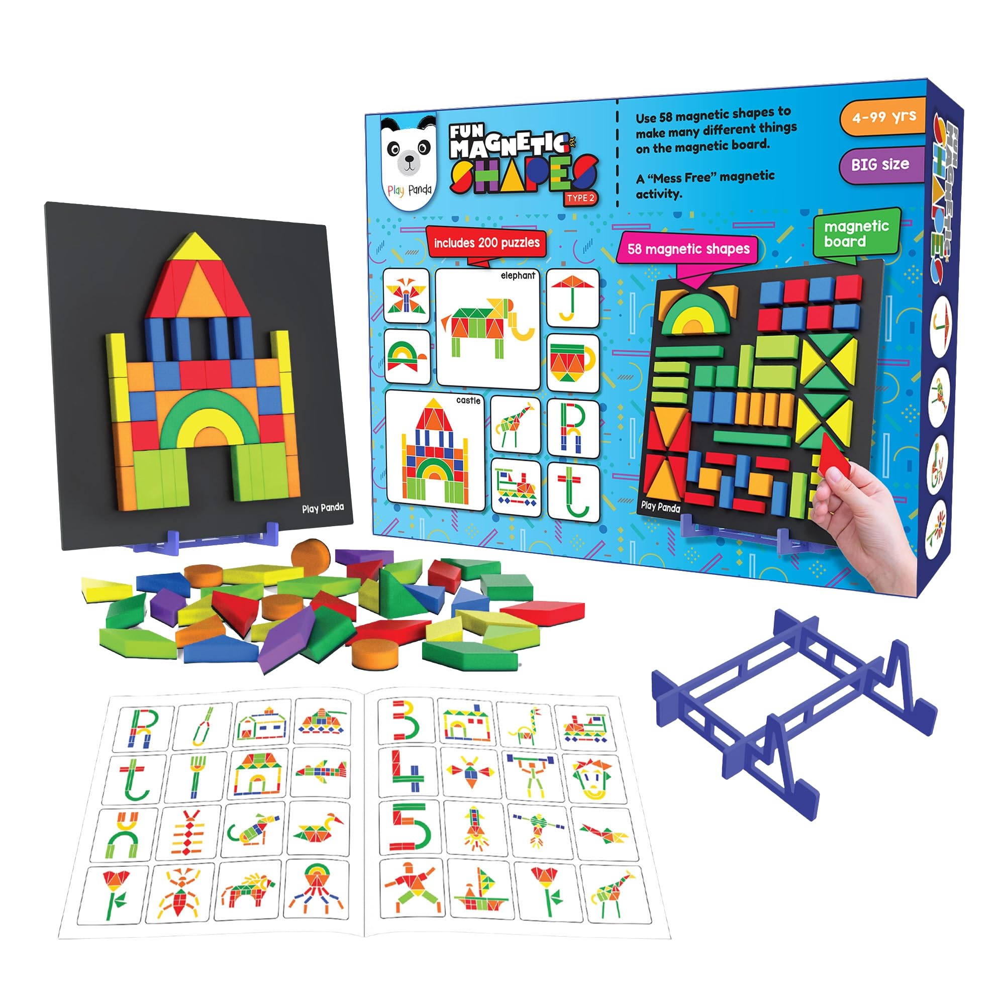 Magnetic Tangram Puzzle Learning Toy | 200 Patterns, 58 Big Magnetic Tangram Pieces with Board, Pattern Book & Display Stand | STEM Educational Toys