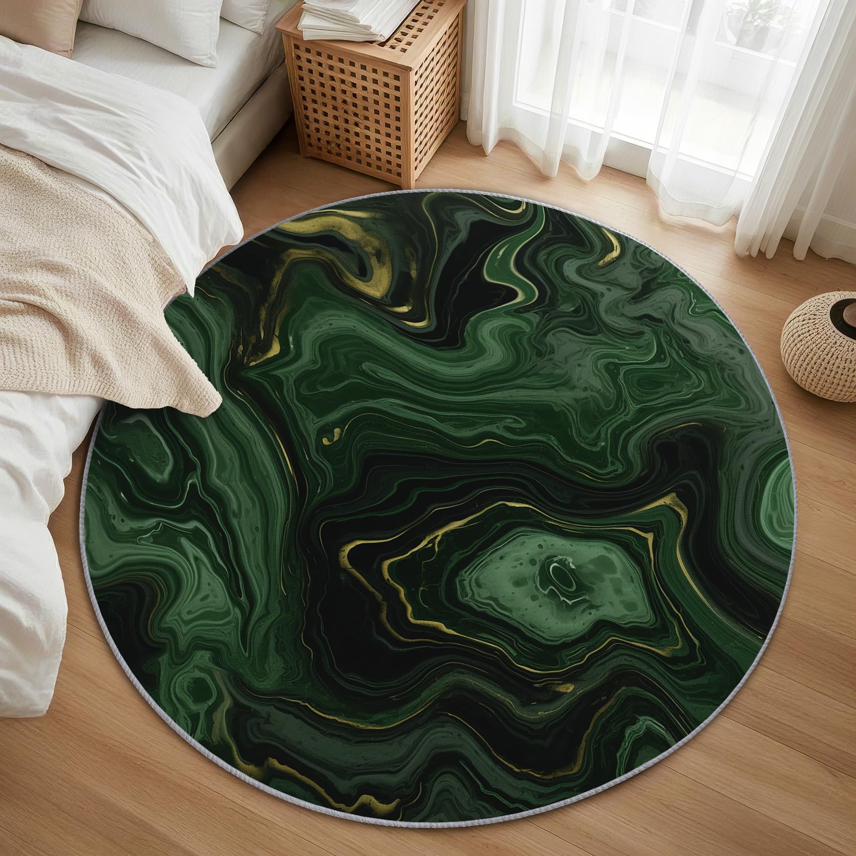 Grün Marmor Teppich Rund 200cm Kurzflor - Waschbare Teppiche Wohnzimmer Marmor Optik - Runder Teppich 200 cm Durchmesser Kinderzimmer - Bettvorleger Schlafzimmer rutschfest Weich