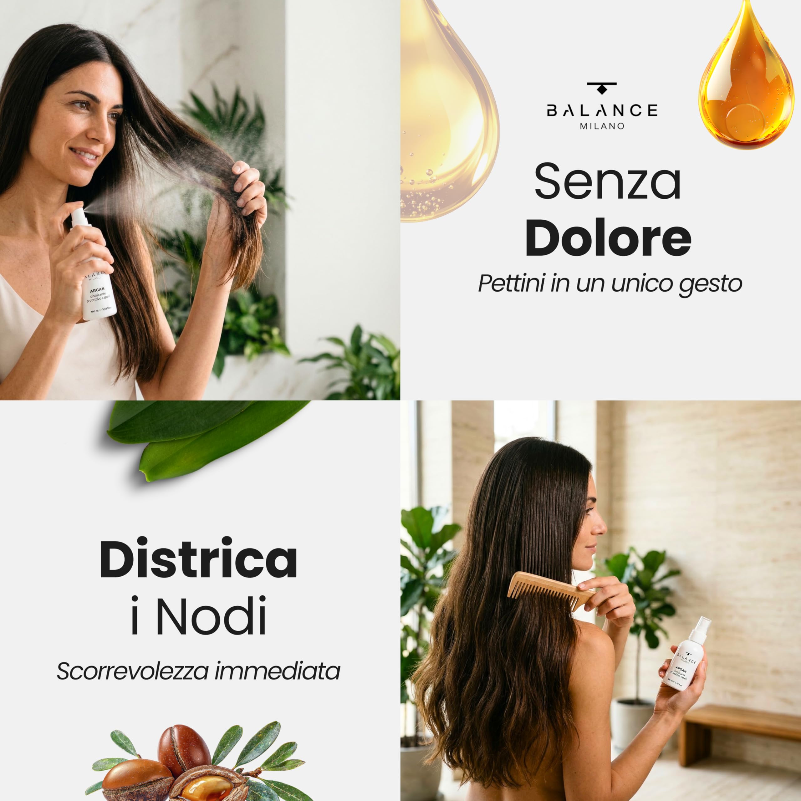 BALANCE MILANO - Spray Districante Capelli Senza Risciacquo con Olio di Argan - 100ml - Made in Italy - Protegge da Raggi UV e Calore - Nutre e Idrata - Protezione Solare Capelli