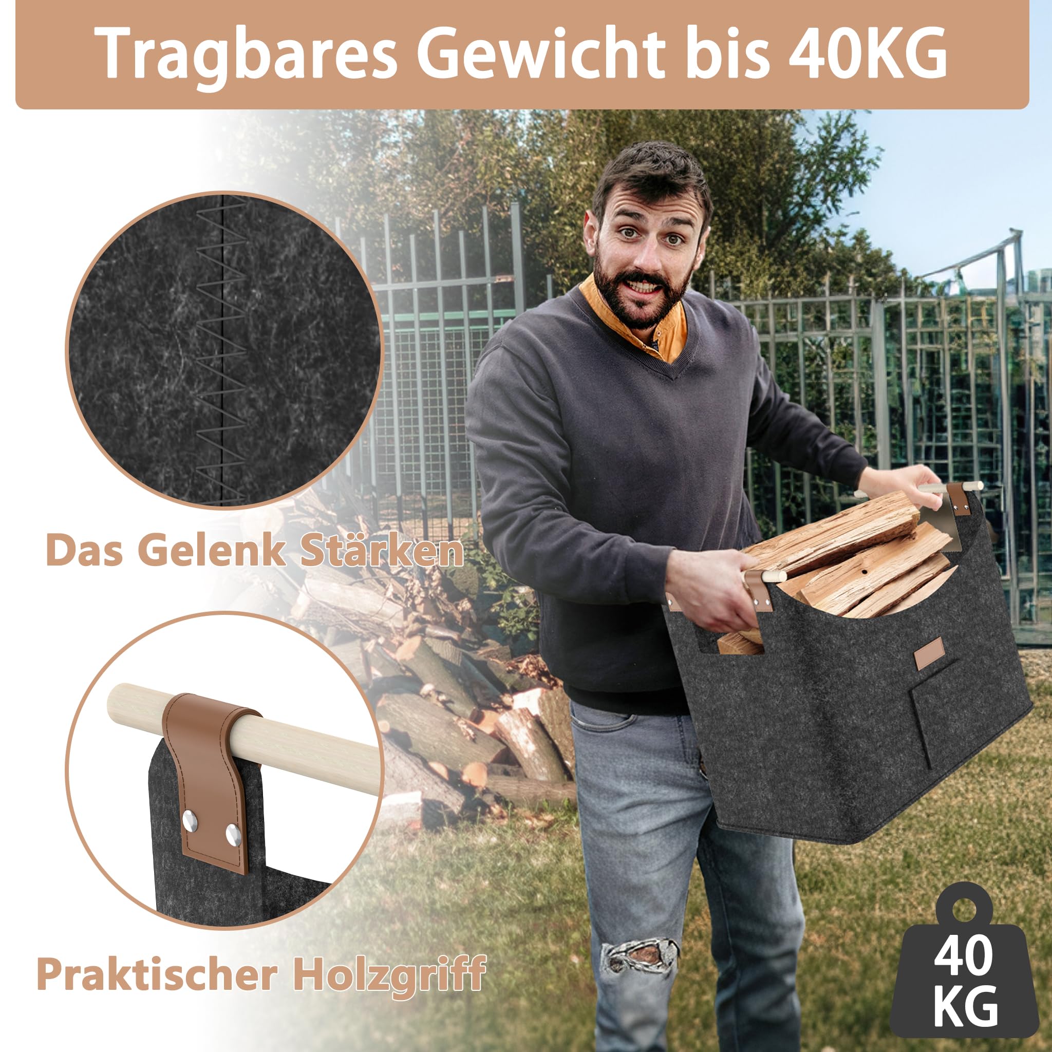 YRHome Lot de 2 paniers à bois de chauffage extra épais - Grand panier à bois de chauffage - Panier en feutre pour bois de chauffage - Cheminée avec poignées en bois - Jusqu'à 40 kg - 50 x 32 x 40 cm