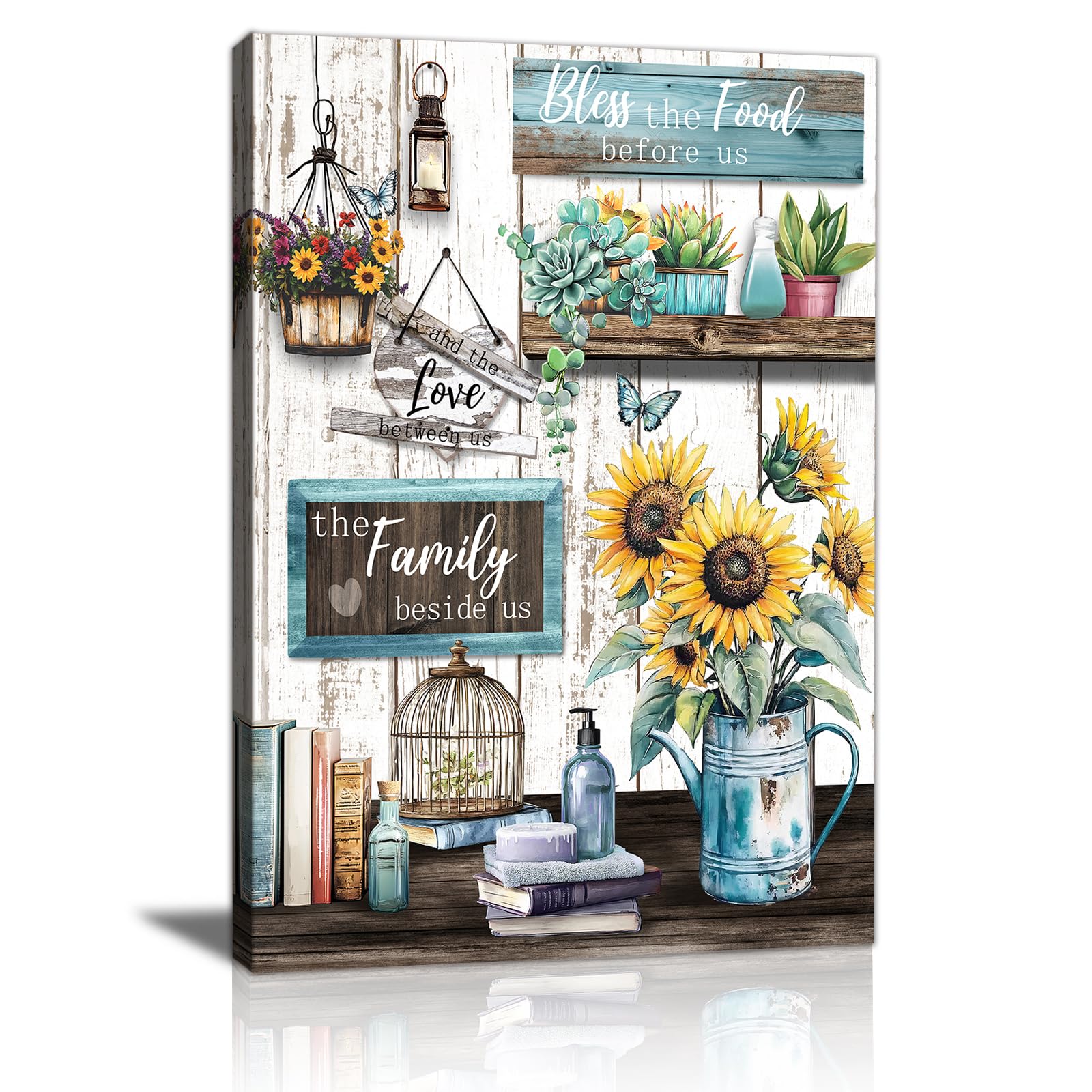 WENGTIAO Kitchen Canvas Wall Art Rustic Sunflower Pictures Vintage Bless The Food Before Us Sign Prints Paintings Christian Religious Bible Quotes Artwork for Farmhouse Dining Room Living Room 12x16in