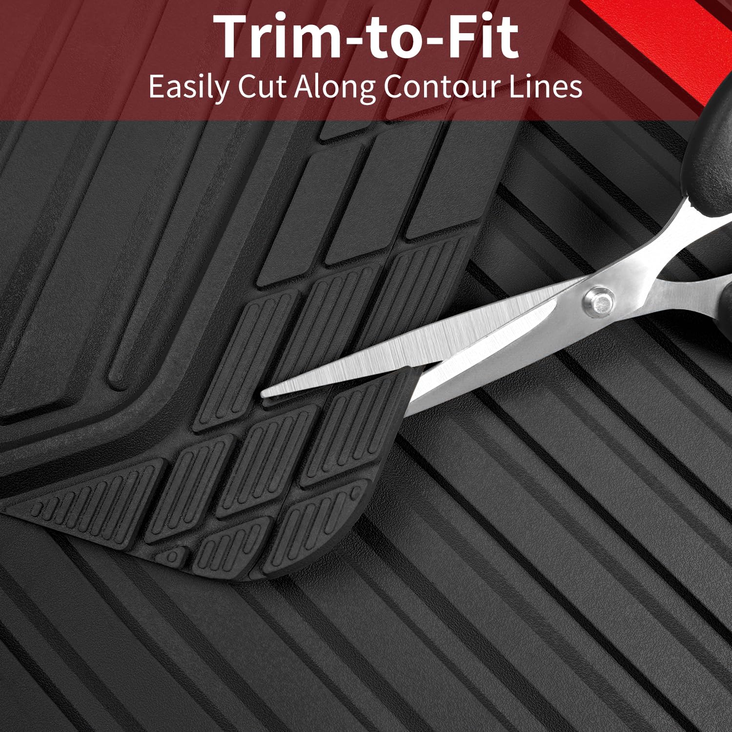 CAR PASS Heavy Duty Rubber Car Mats Metallic, Aluminum Film All Weather Floor Mats Waterproof Universal Trim to Fit Automotive SUV Sedan Van 4 Piece Anodized Deep Dish Two-Tone Sporty Black Red Chrome