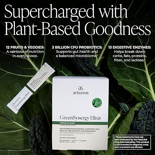 Miniatura 3 de Arbonne GreenSynergy Elixir  Polvo de verduras con sabor a cítricos con 13 enzimas digestivas, constructor de colágeno vegano, probióticos y