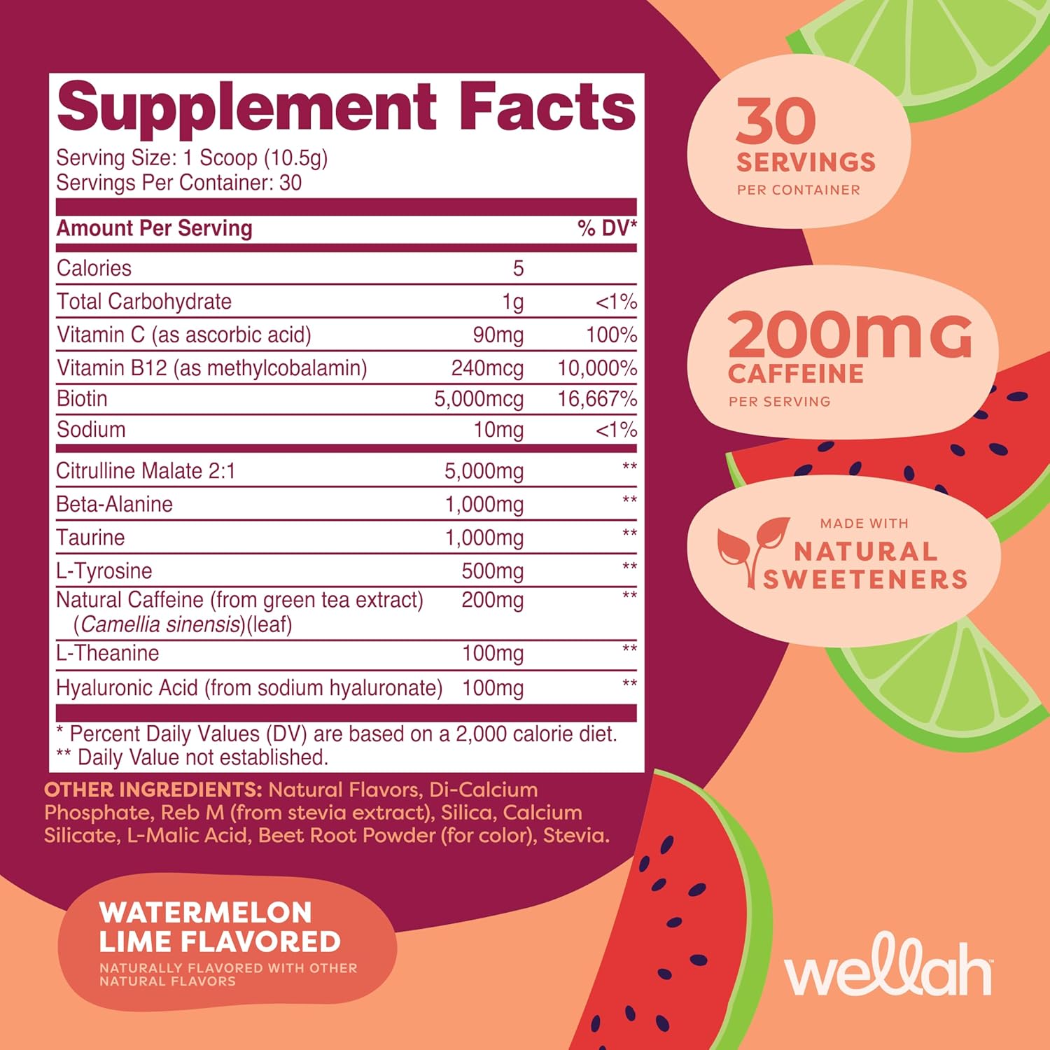Wellah Get-Going Pre-Workout Drink Mix (Watermelon Lime Flavored, 30 Servings) - with Citrulline Malate and L-Theanine, 200mg of Natural Caffeine & 1000mg of Beta-Alanine - Image 2