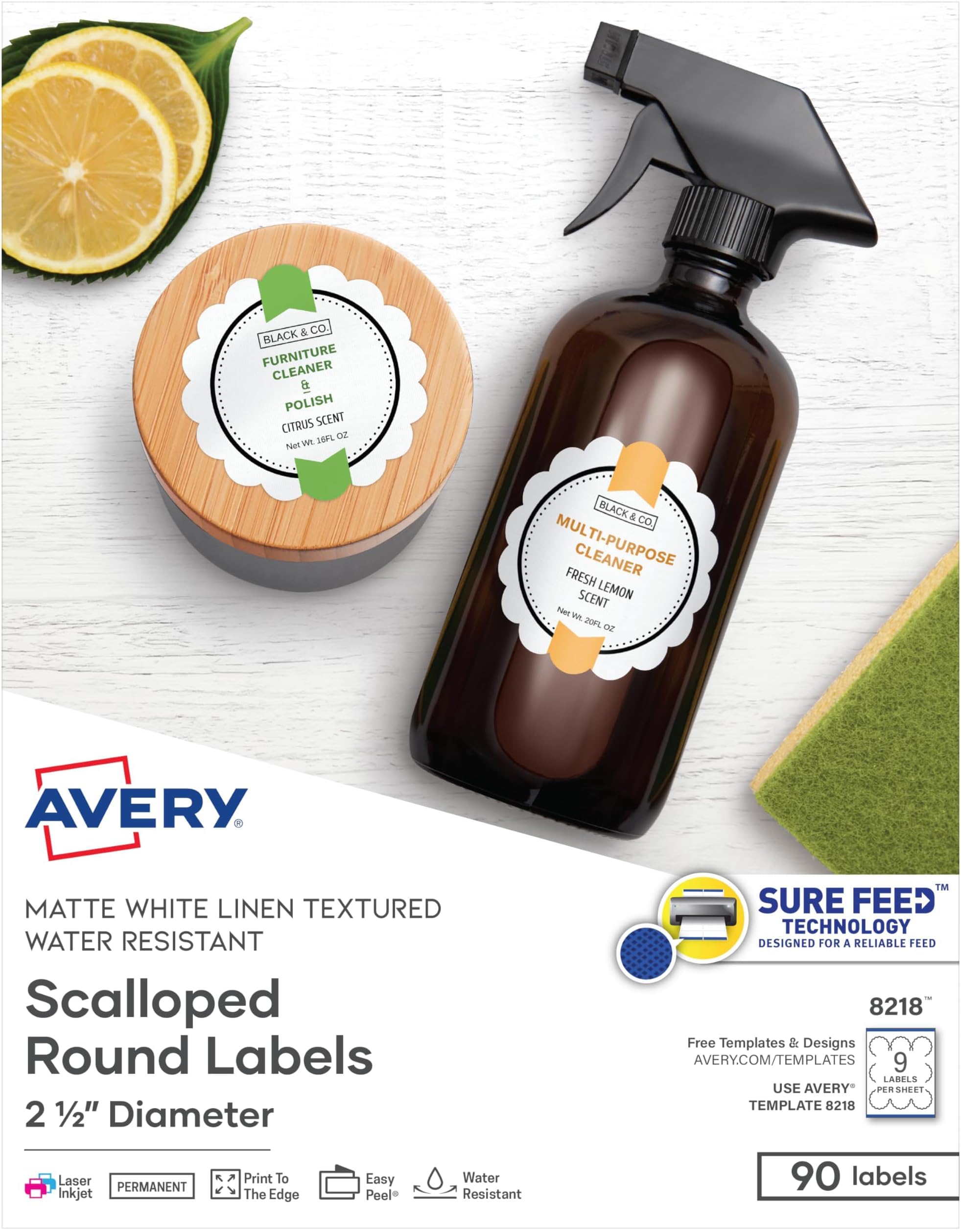 Avery Scallop 2.5 Inch Round Labels with Sure Feed for Laser &amp; Inkjet Printers, 90 White Labels (8218) (Pack of 5)