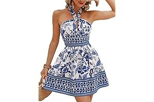 Women's Floral Print Sleeveless Tie Back Pocket Side Striped Halter Dress