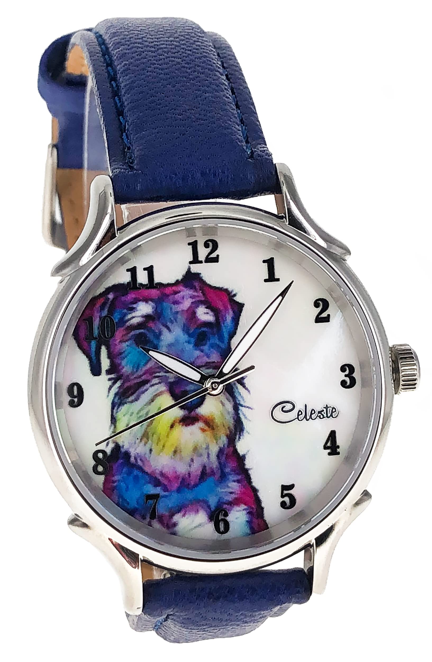 CelesteSchnauzer Dog Pet Swiss Quartz Watch Multicolor 35mm Mother of Pearl Rainbow Art Dial Blue Vegetable Tanned Leather Strap, Quartz Watch