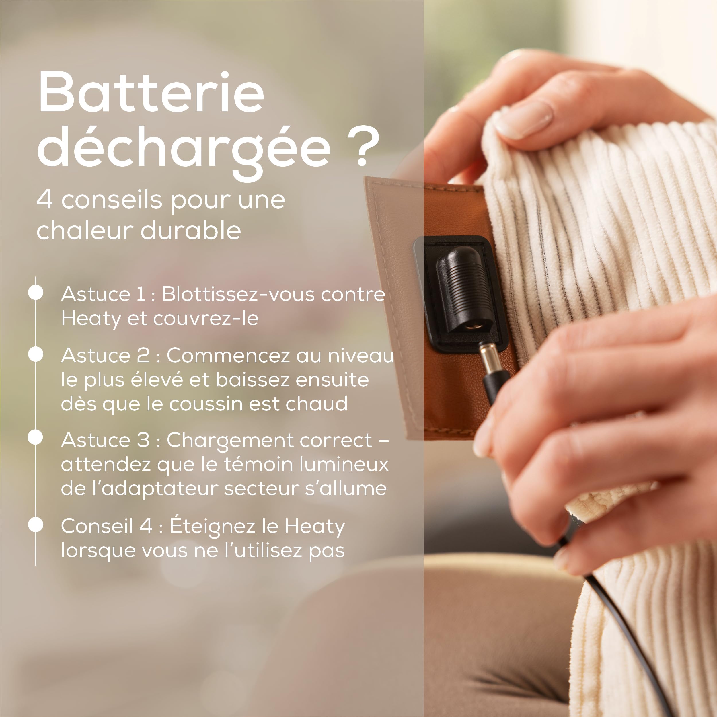 Beurer Heaty Coussin chauffant, coussin chauffant sans fil avec batterie, avec arrêt automatique et 3 réglages de la température, chauffe rapidement, velours côtelé doux, blanc