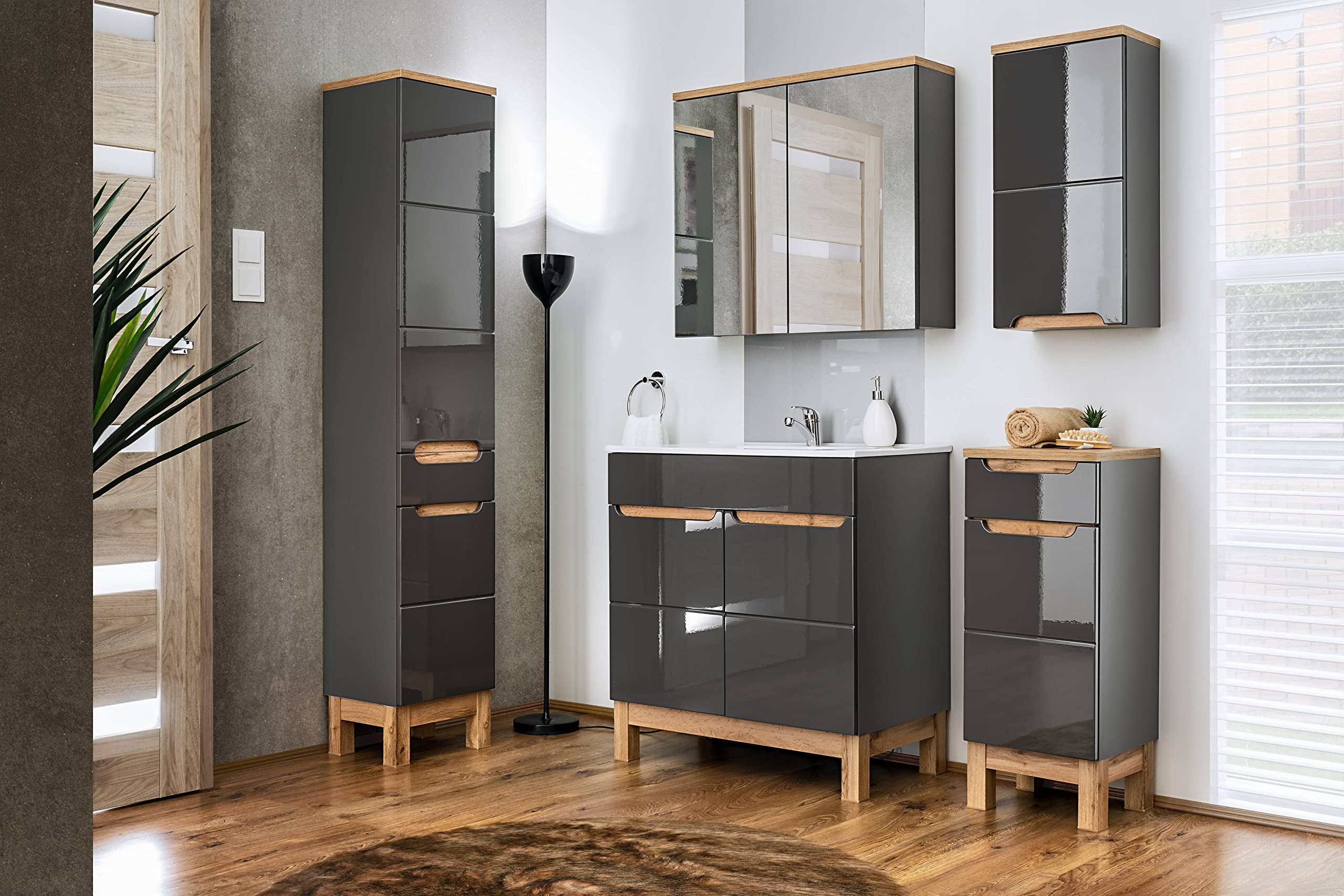 Mobiletto Da Bagno Bali – 35x33x86 Cm, Colore Grigio, Con Anta E Cassetto A Chiusura Delicata