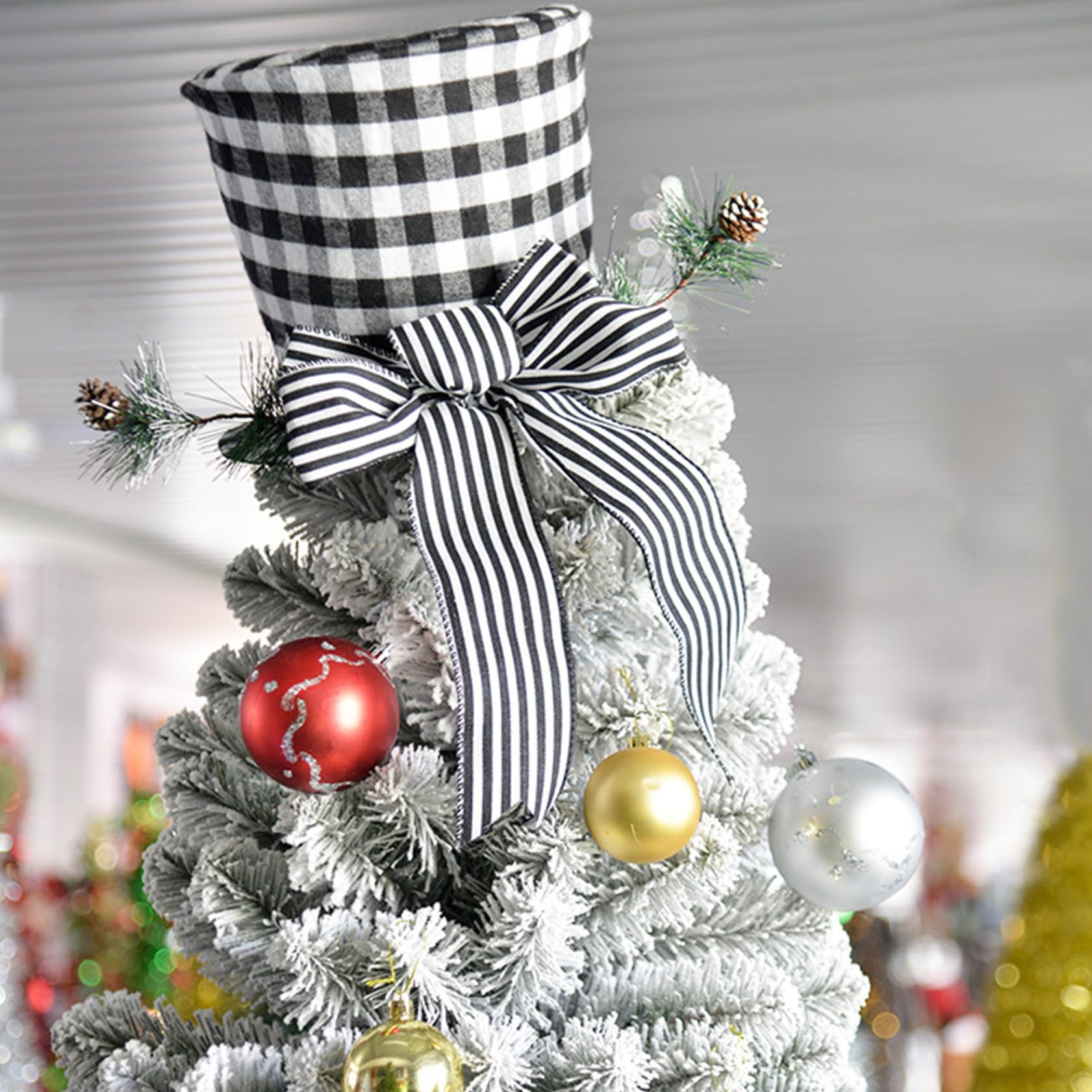 Cimier d'arbre de Noël Chapeau de Noël à Carreaux et Blanc avec nœud et Ressort, Ornements Chapeau Haut Forme compressibles pour décorations Fournitures fête à la Maison
