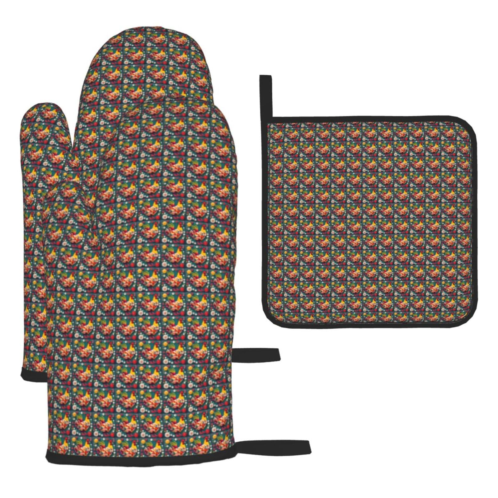 Flower Heart Chicken Print Oven Mitts Kitchen Gloves Set Everyday Baking Grilling Microwaving Cooking Gift