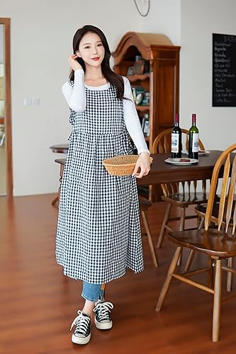 Miniatura 6 de Vestido de delantal a cuadros, delantal japonés de lino y algodón con espalda cruzada para mujer con bolsillos, vestido corto con lazos en la cintura