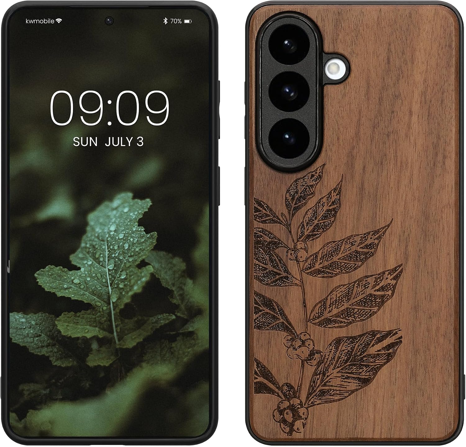 kwmobile Wood Case Compatible with Samsung Galaxy S26 Case - Cover - Leaves and Berries Dark Brown