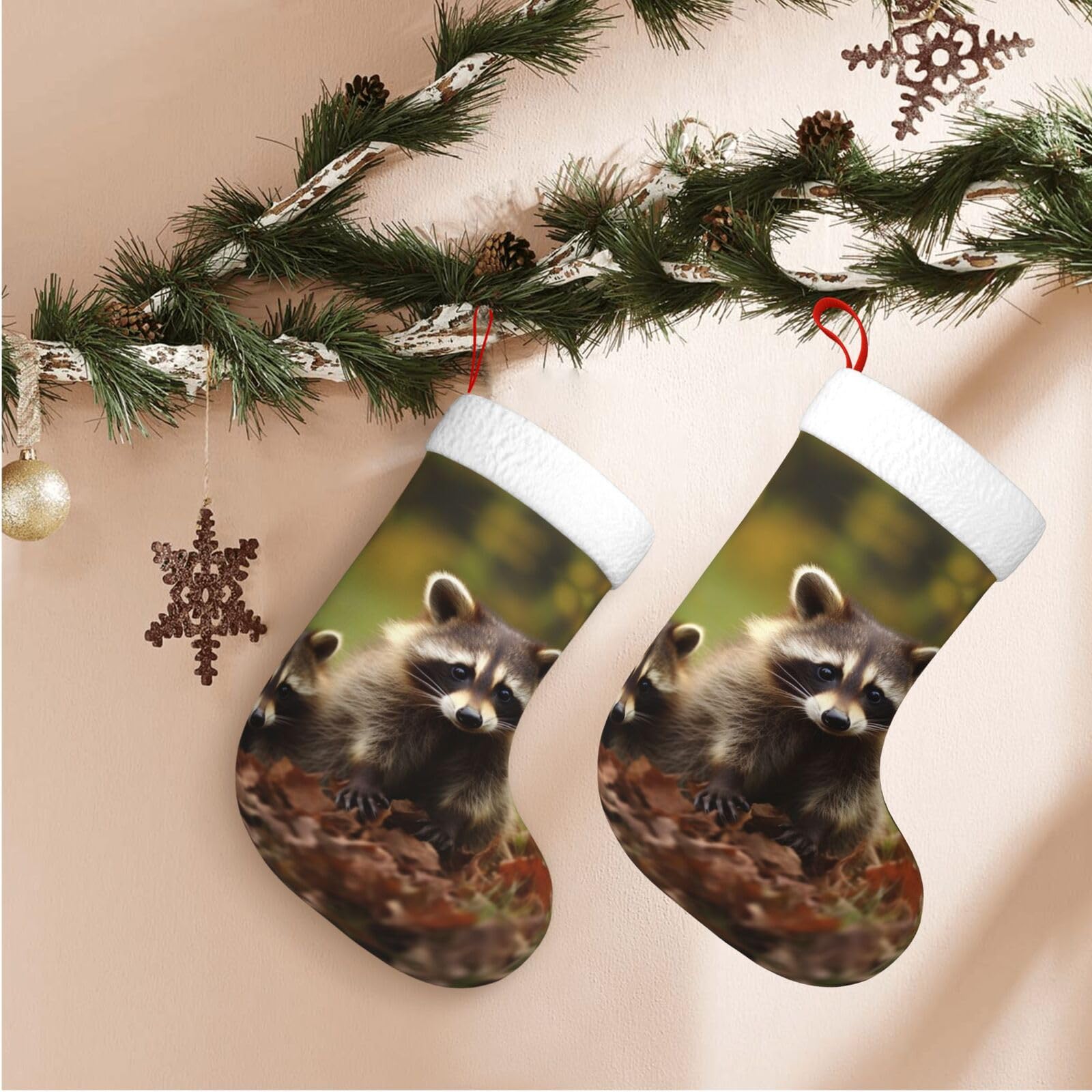 Raccoon Christmas Stockings Velvet Xmas Fireplace Hanging Stocking with Plush Cuff Rustic Christmas Santa Stockings for Home Christmas Decorations Party Favor Supplies