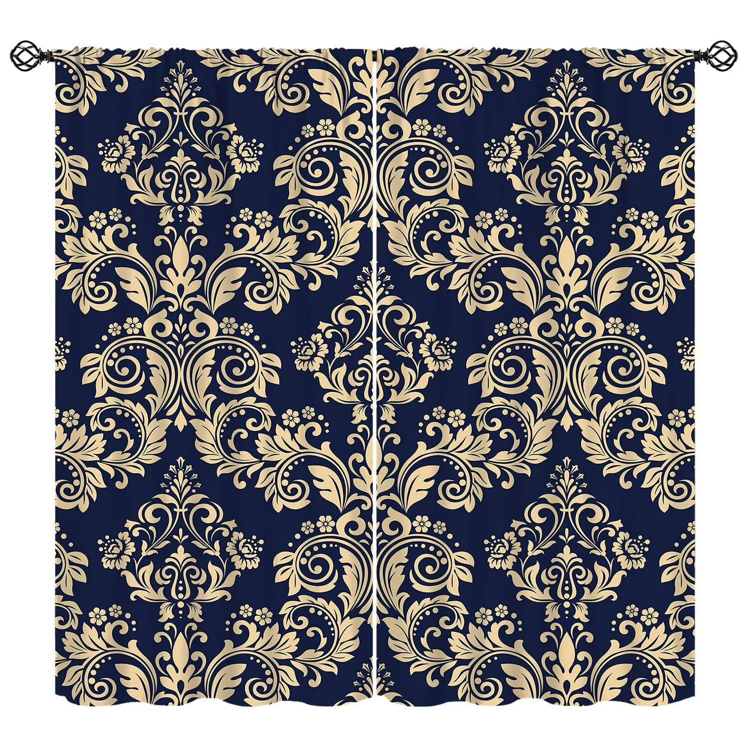 moderw Blue Damask Curtains Vintage Classic Luxury Oriental Damask Floral Window Treatments Gold and Navy Blue Gothic Bohemia Flowers Blackout Window Drapes for Living Room W42xL45in