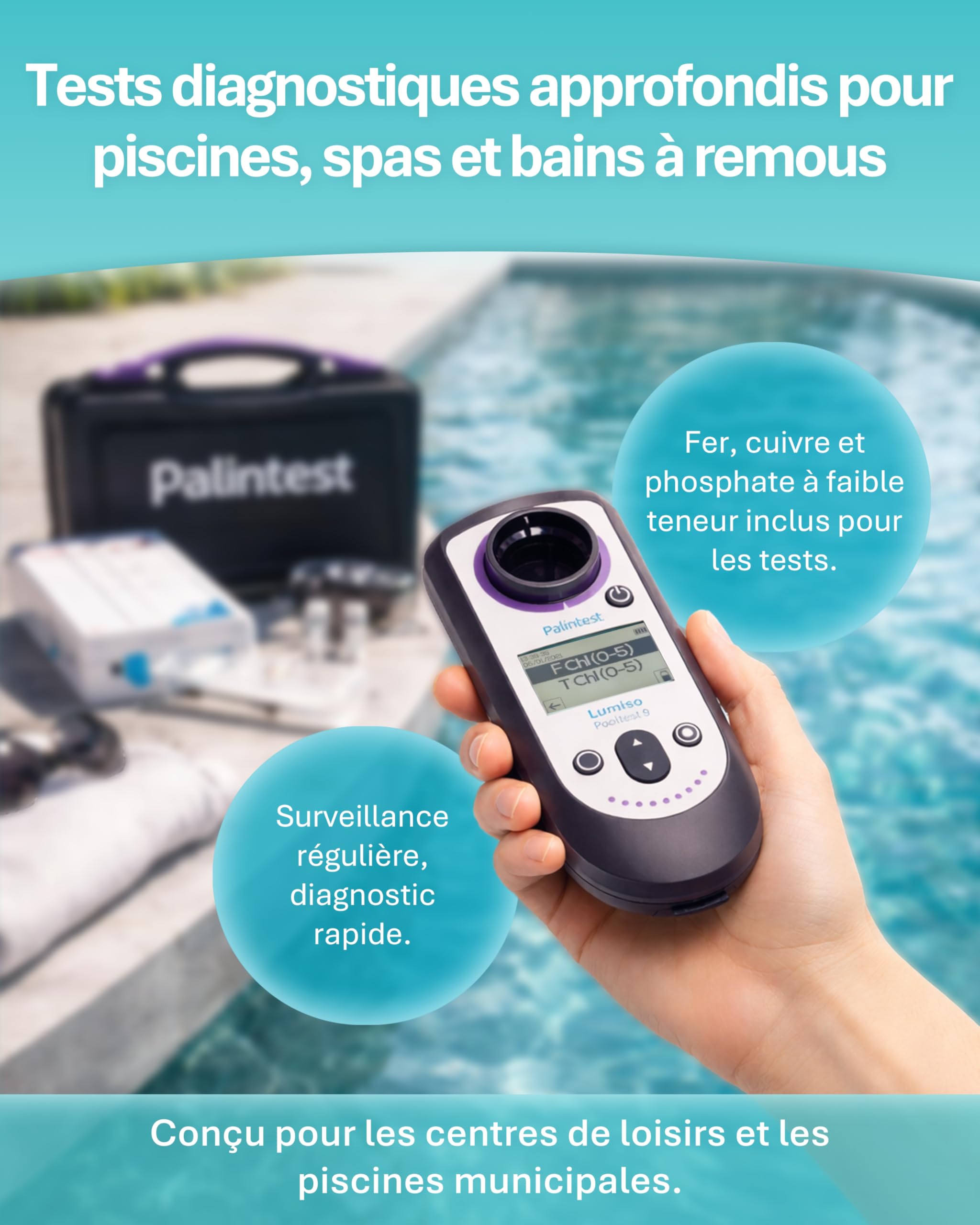 Palintest Lumiso Pooltest 9 Photomètre – Analyseur d'eau de piscine électronique 9 paramètres | Testeur électronique piscine pour mesure du pH et chlore, alcalinité et analyse professionnelle
