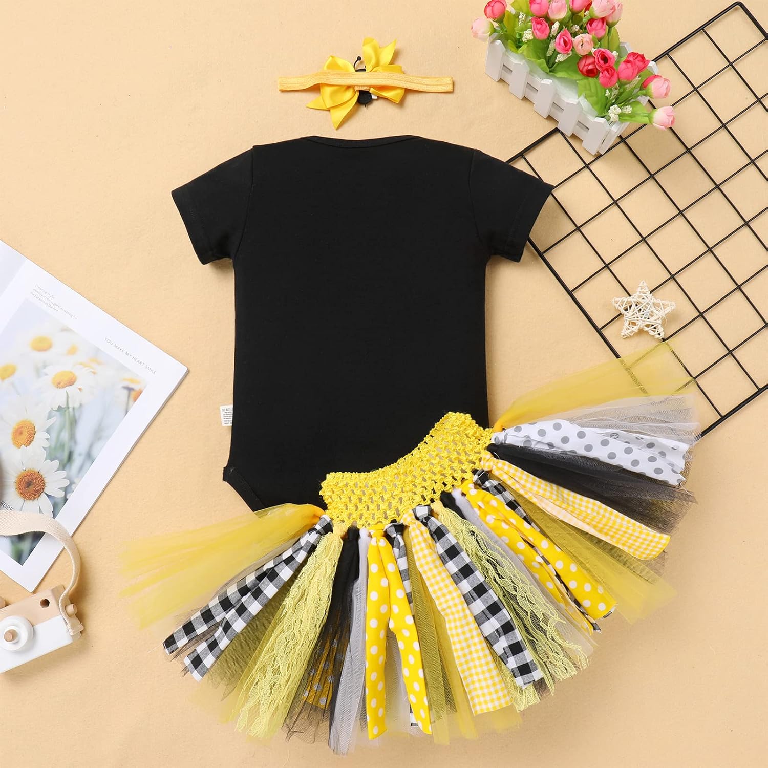 IBTOM CASTLE Baby Girls First Birthday Outfit Bee Romper Tutu Skirt Bowknot Headband Cake Smash Photoshoot Clothes - Image 3