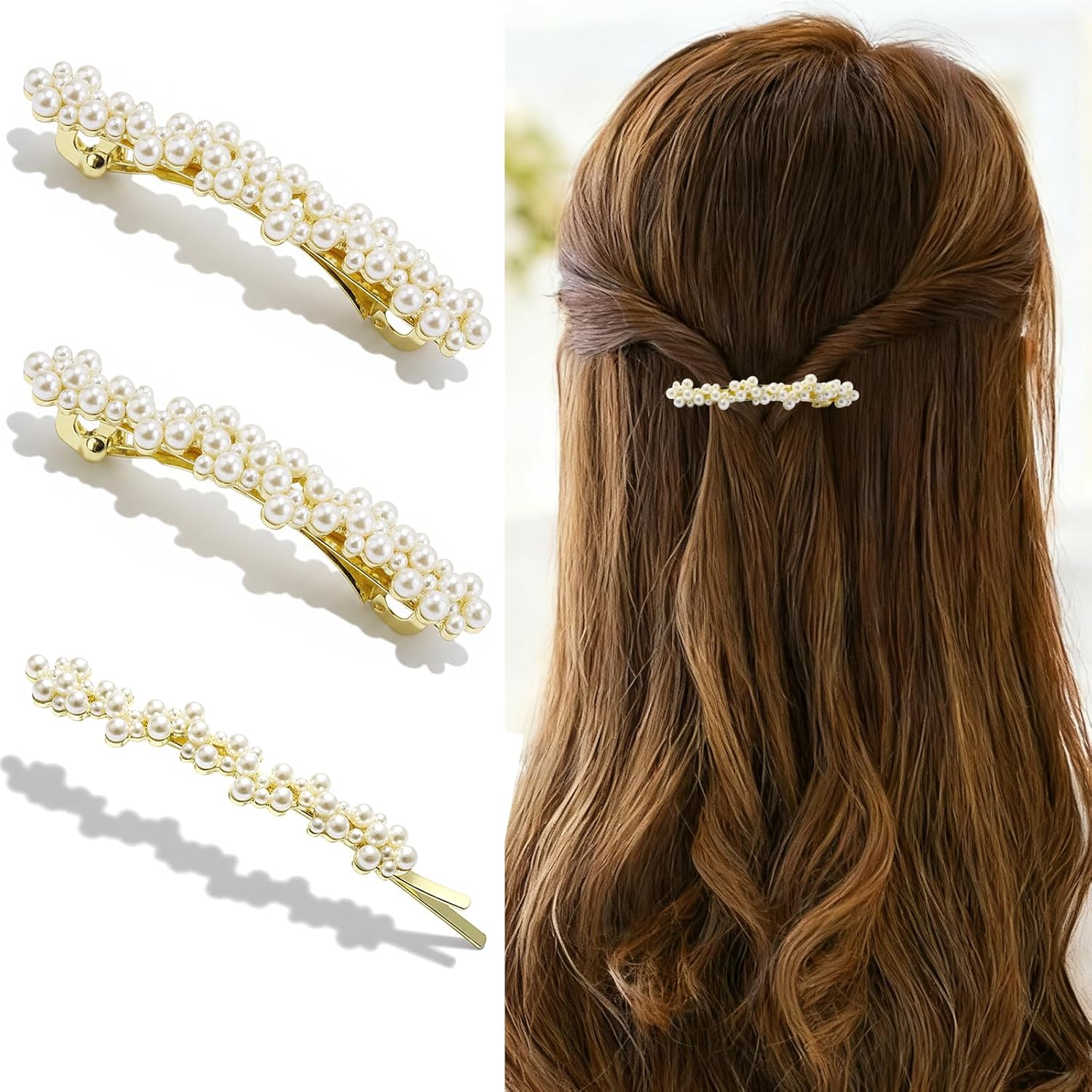 3 PCS Pearl Hair Clips Barrettes for Women, Gold Hair Barrettes Elegant French Fancy Clips Hairpins Decorative Headwear Sweet Accessories for Wedding Party (Pearl)