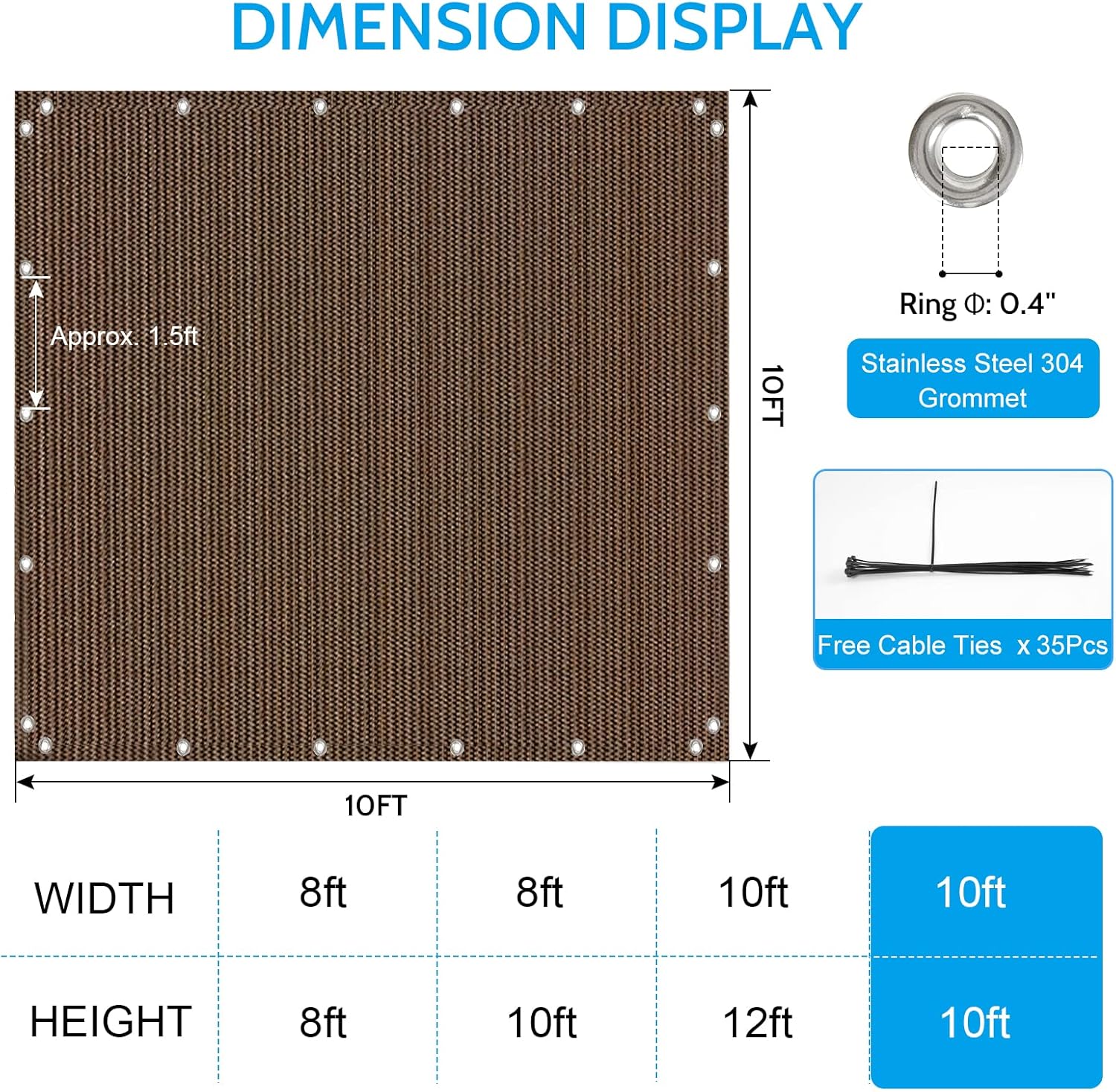 Pergola Shade Covers,Sun Shade Cloth,10x10 FT,Shade Fabric with Stainless Steel Reinforced Grommets for Patios, Decks, and Backyards(Mocha)