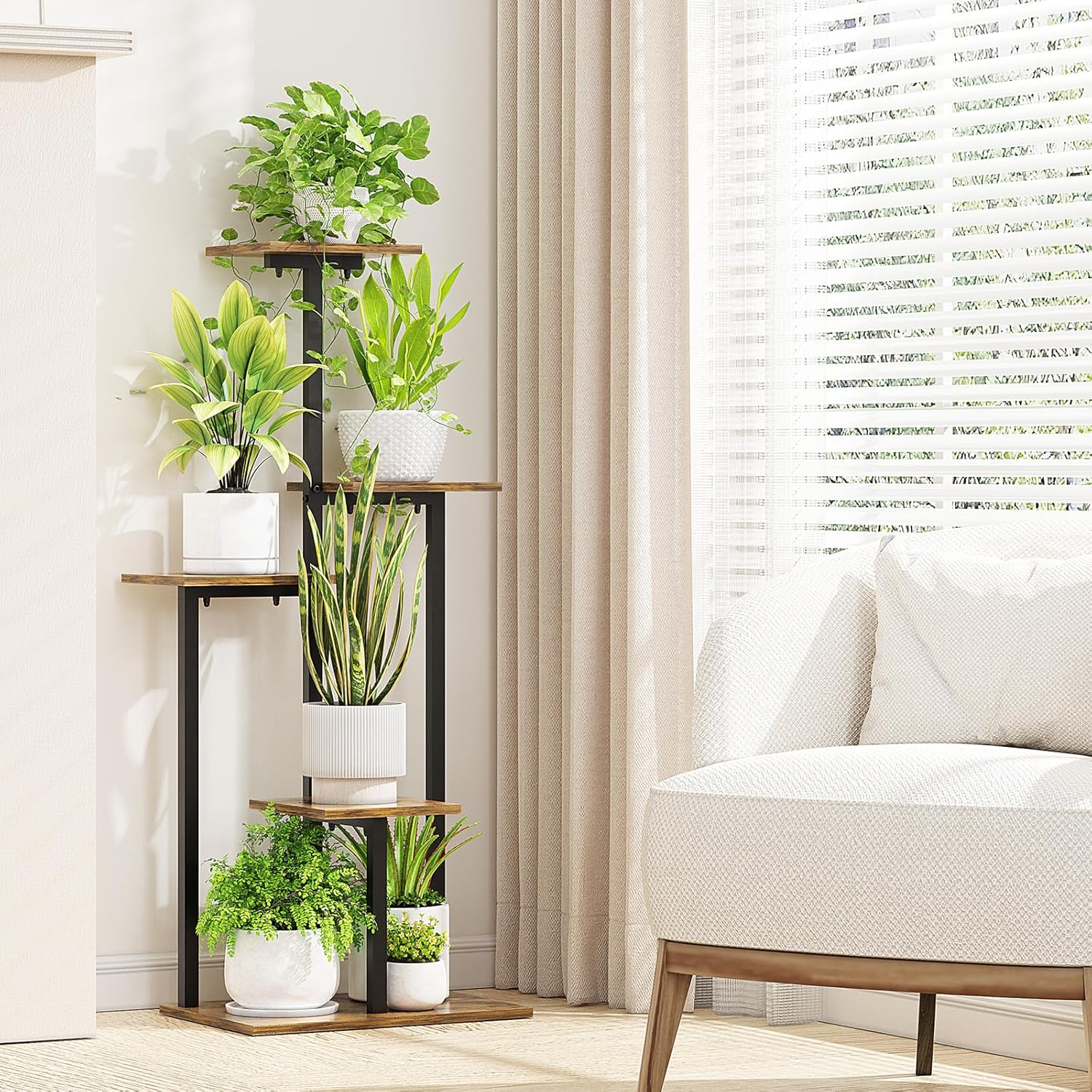 Plant Stand 5 Tier, Plant Stands Indoor, Tall Corner Ladder Shelf for Multiple Plants, Metal Tiered Flower Pot Stand Outdoor for Living Room Garden Balcony Patio Boho Decor, Tiger-Stripe Wood