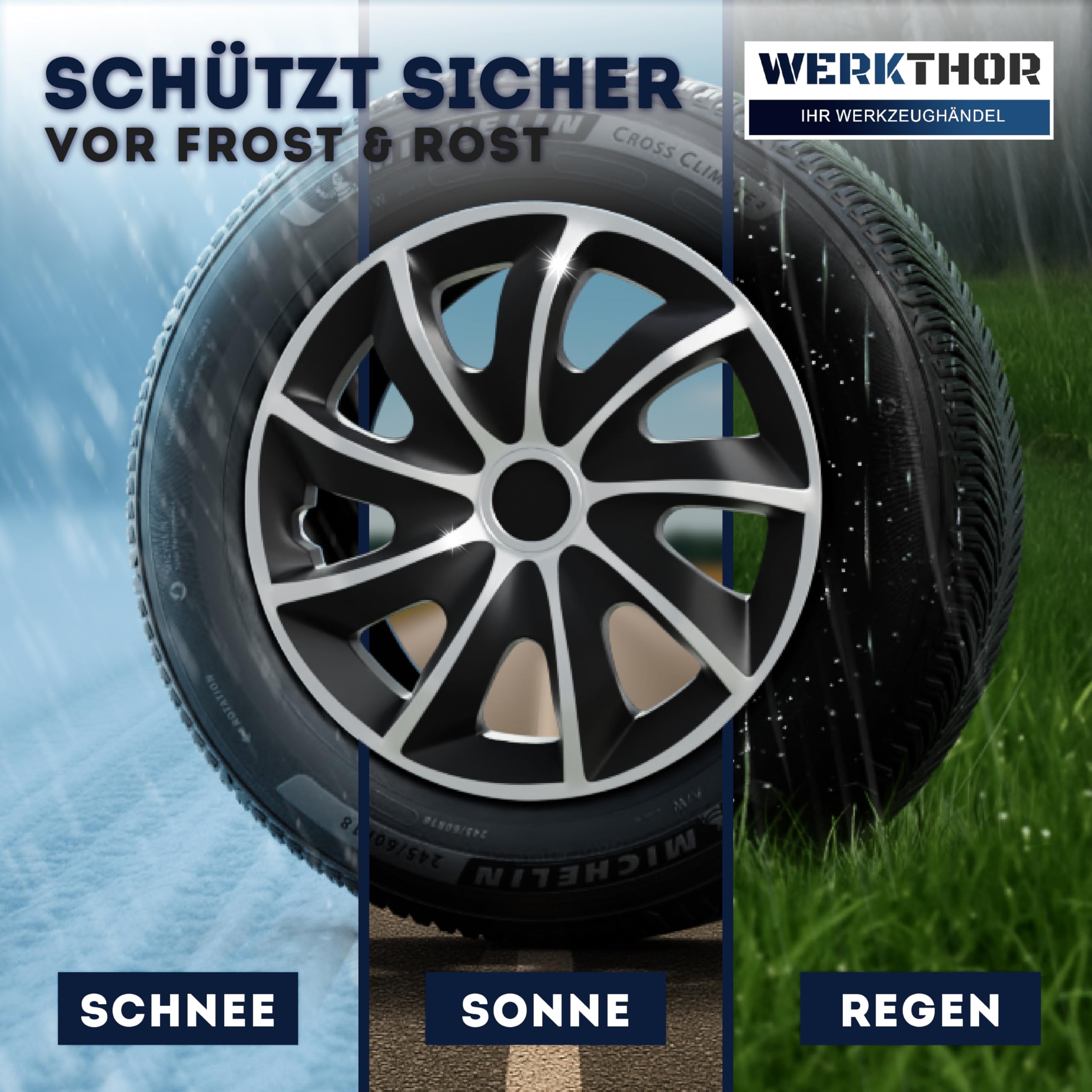 WERKTHOR Copricerchi 16 Pollici – Set 4 Copricerchi da 13 a 16 Pollici Nero/Argento – Copri Cerchi 15 Pollici per Auto – Borchie Robuste per Cerchi in Acciaio