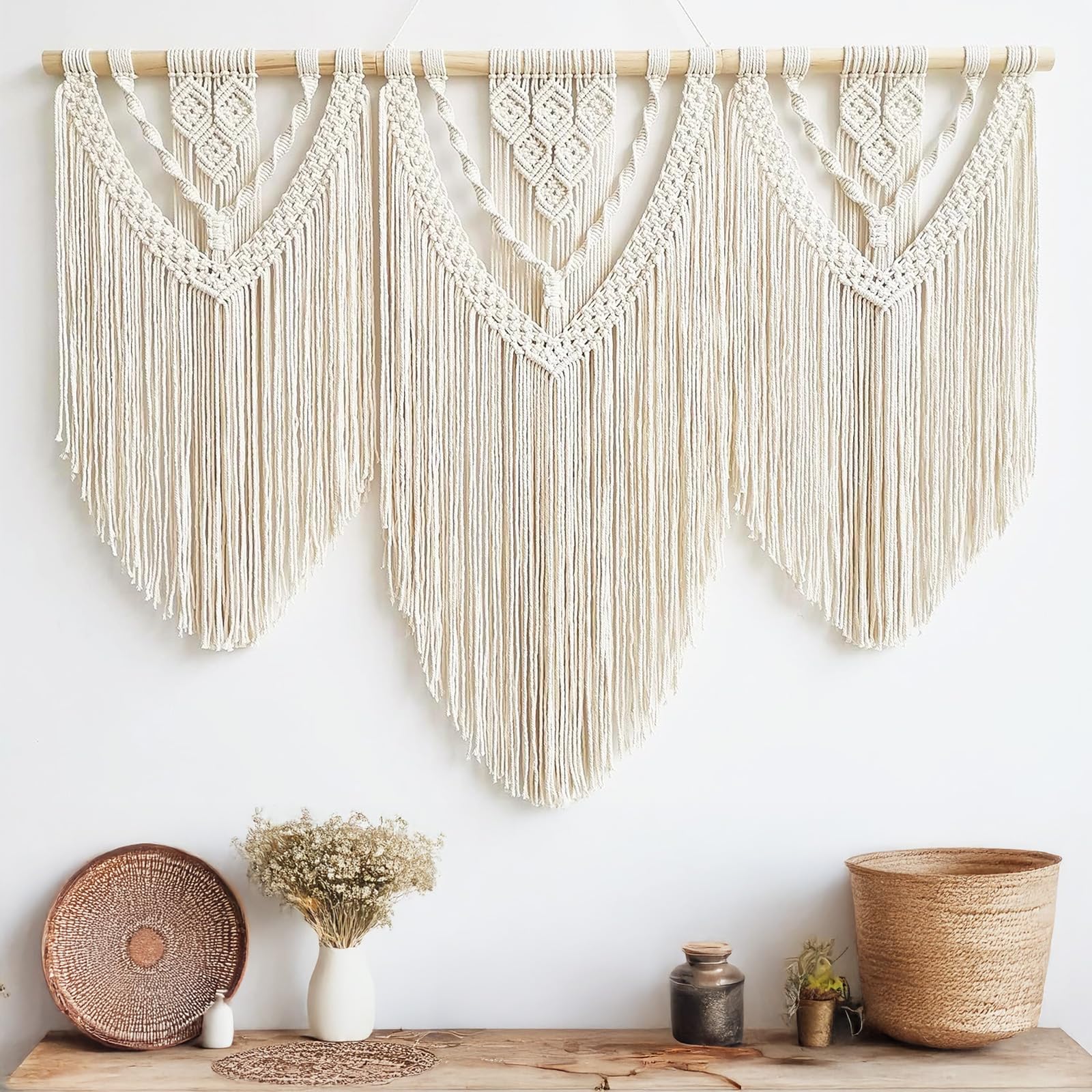Macrame Muur Opknoping Decor, Boho Geweven Blad Kwasten Wand Decor, Moderne Kunst aan de Muur voor Slaapkamer Woonkamer Decor, Groen Geel(groente