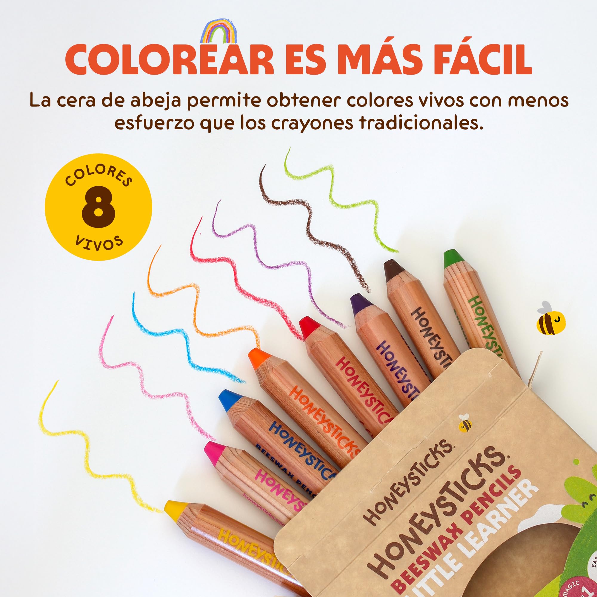 Honeysticks Little Learner Lápices de Colores de Cera para Niños Jumbo, Pack de 8 – Mis Primeros Lápices con Núcleo de Cera de Abeja No Tóxica, Fácil Agarre, Colores Vivos, Para Niños de 1 a 4 Años