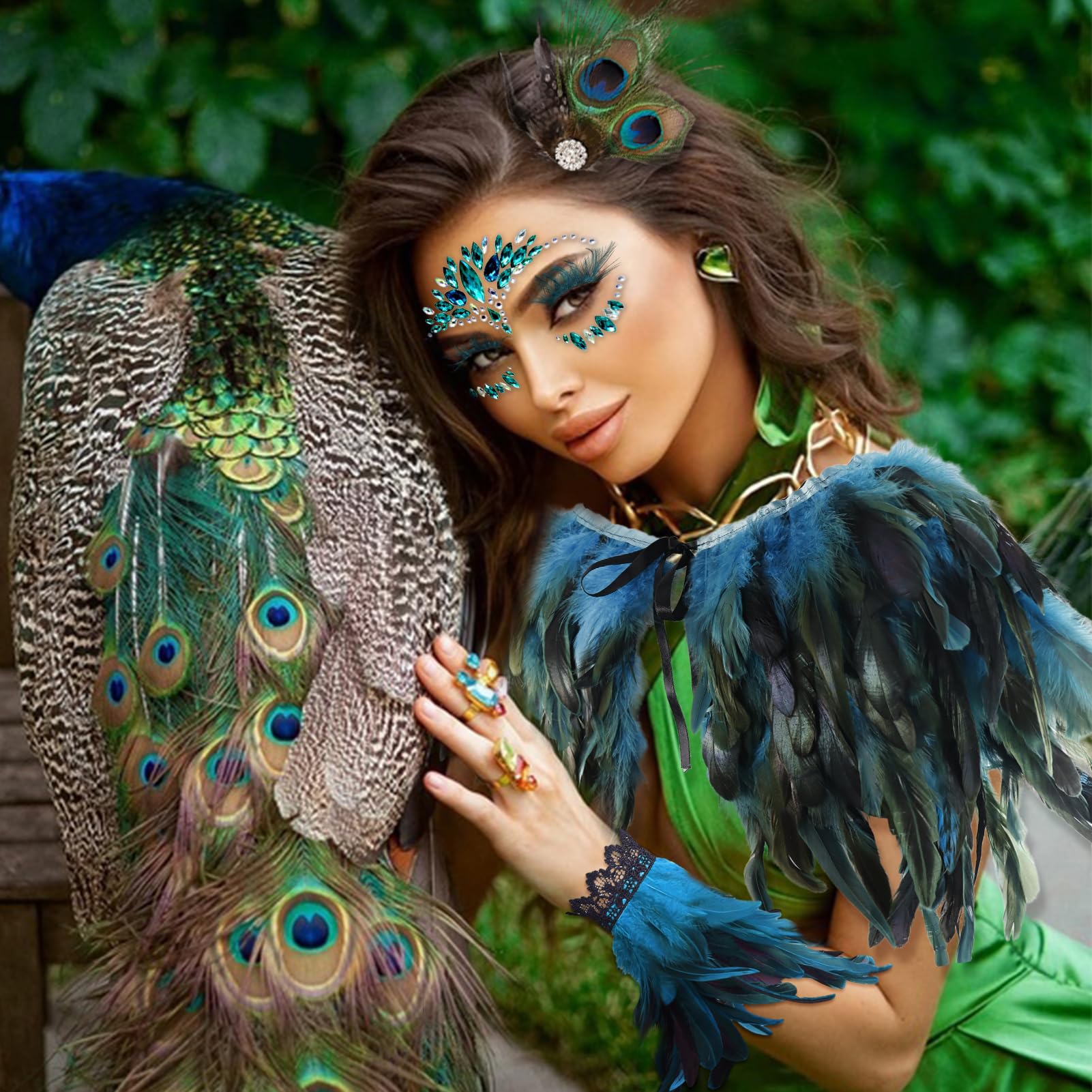 Huahuanghui Scialle Gotico di Piume, Gotico Piuma Naturale Polsino con Ciglia in Piume e Accessori per Capelli in Piume, Mantello di Piume Donna, per Carnevale Halloween Cosplay