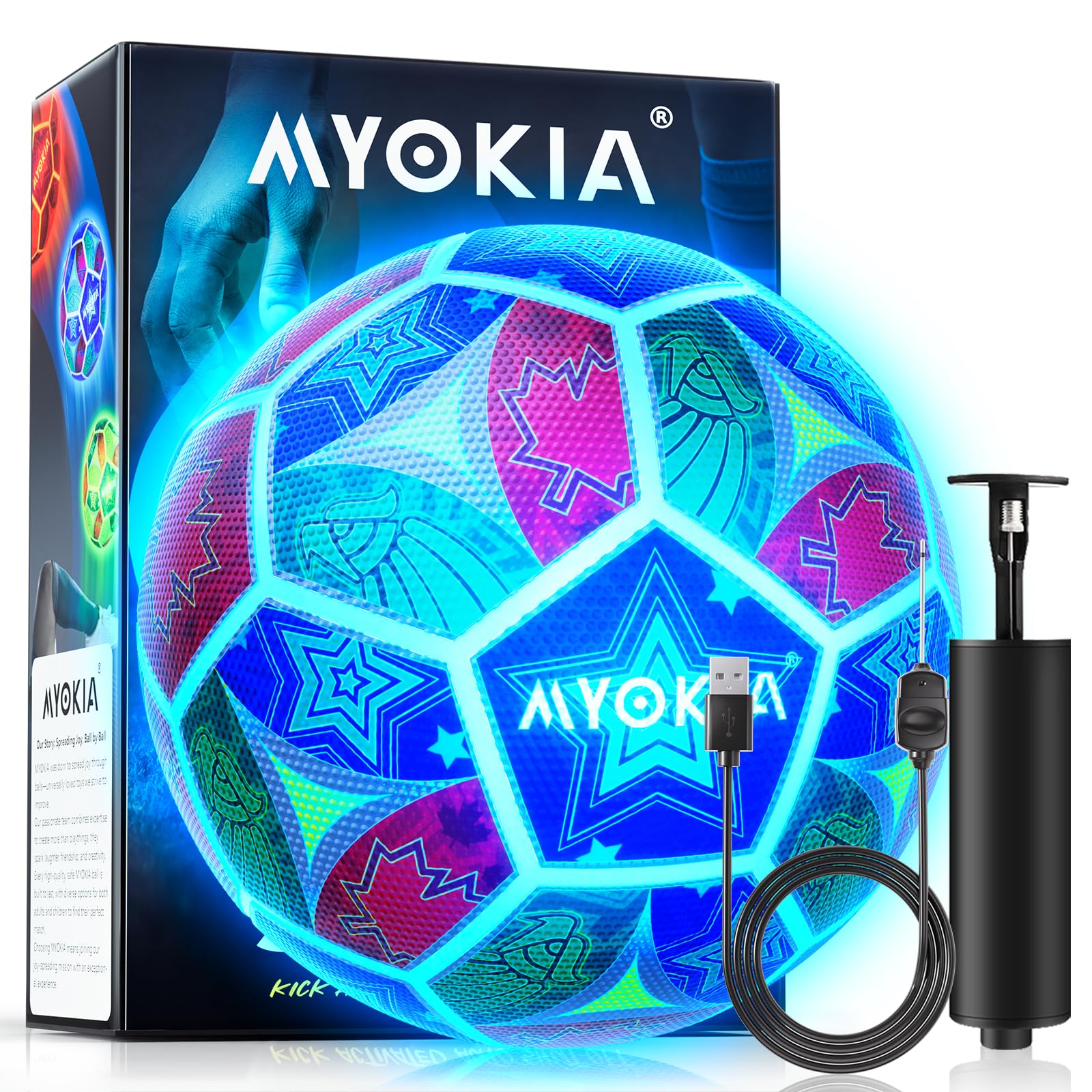 MYOKIA Rechargeable Light Up Soccer Ball Size 5 Tri-Color Glow in Dark | Includes Pump &…